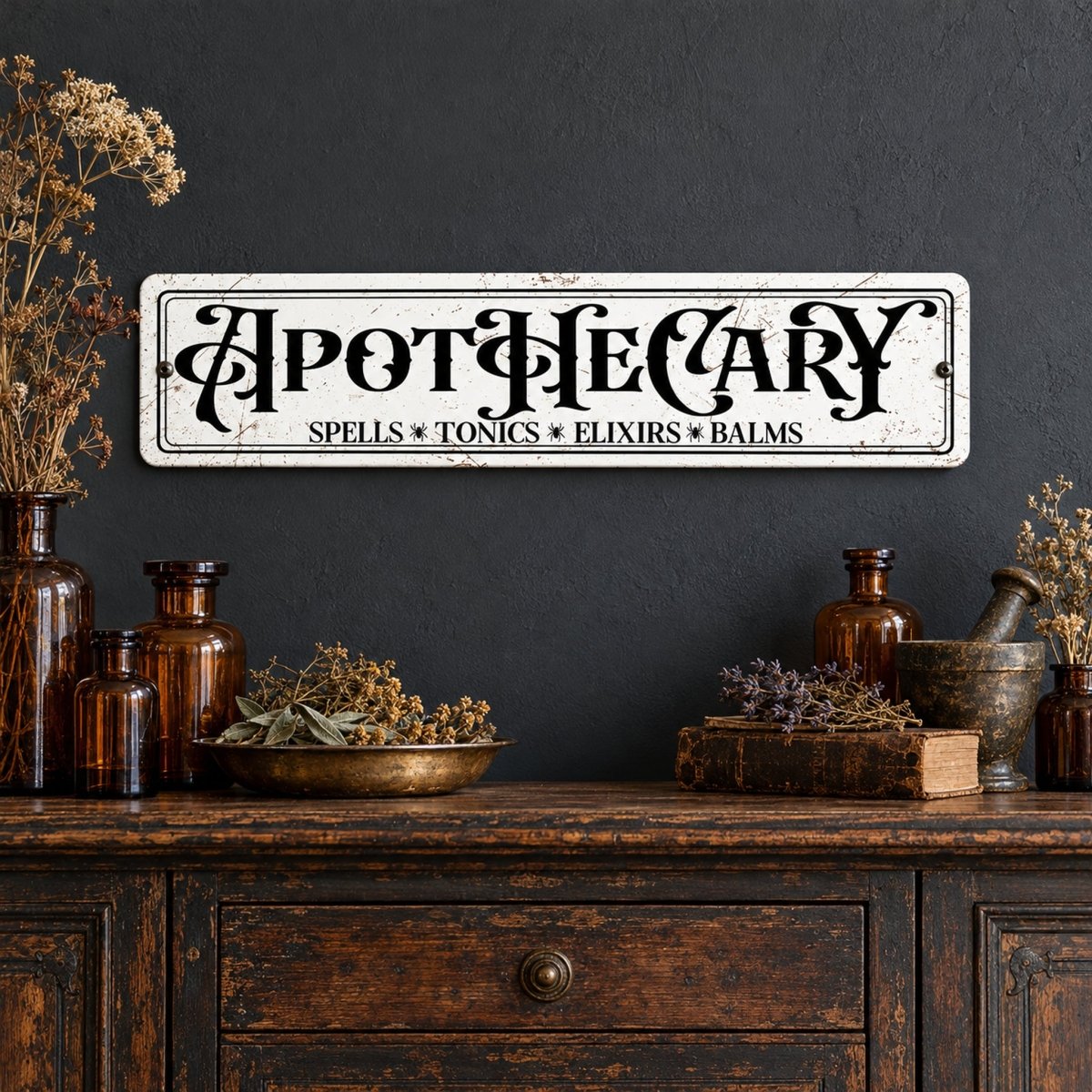 Apothecary sign above a rustic cabinet of antique bottles and jars