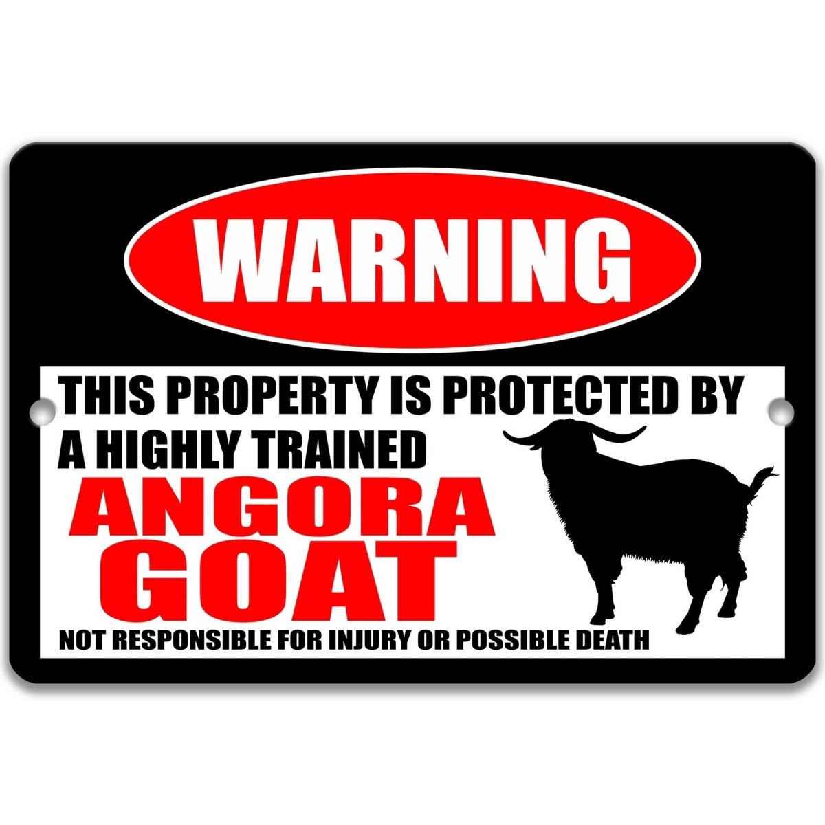 Angora Goat warning metal sign, Angora goat silhouette beside bold red WARNING lettering, 'not responsible for injury or possible death'