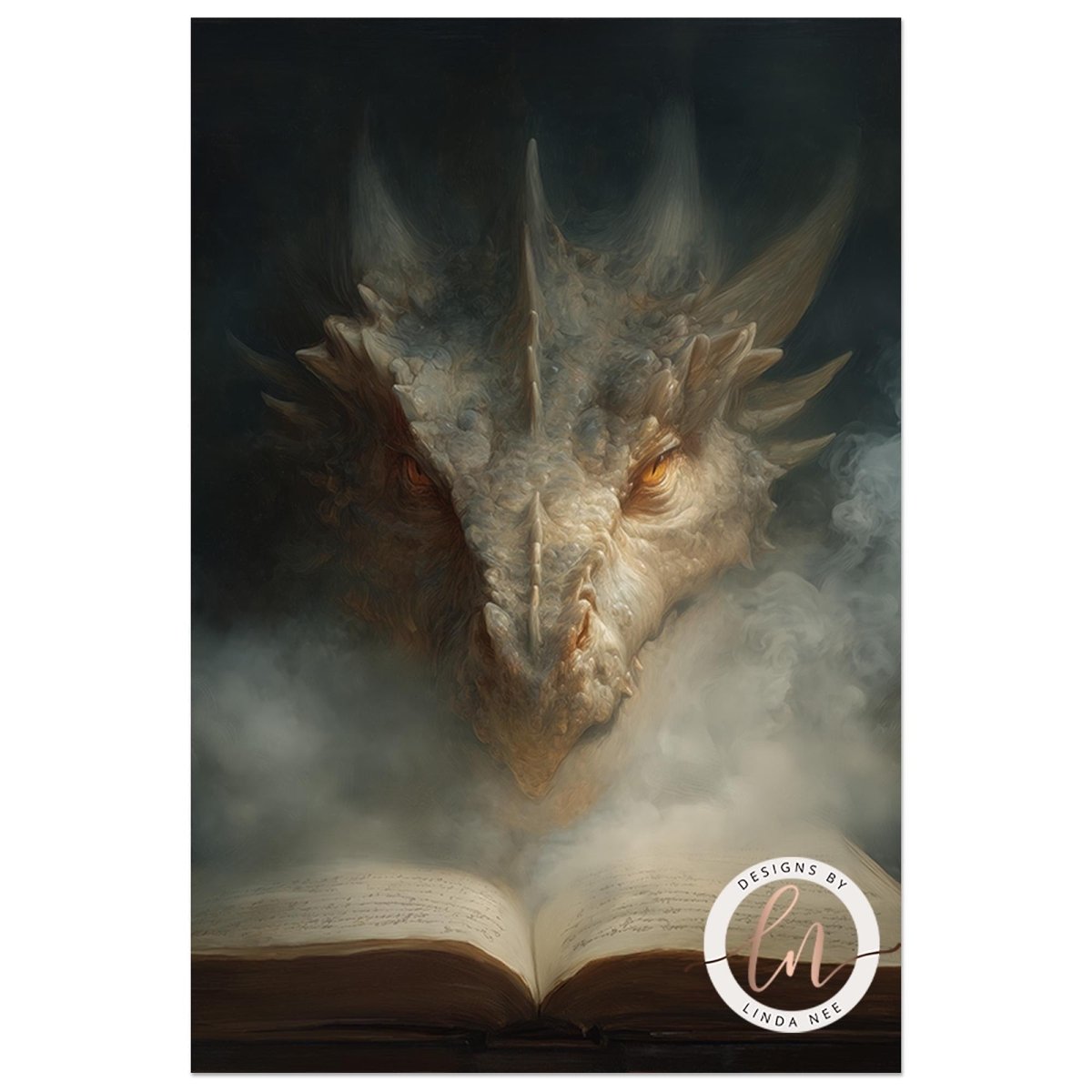 A large, fierce-looking dragon head emerges from an open book, surrounded by swirling smoke, creating a dramatic and fantastical scene.