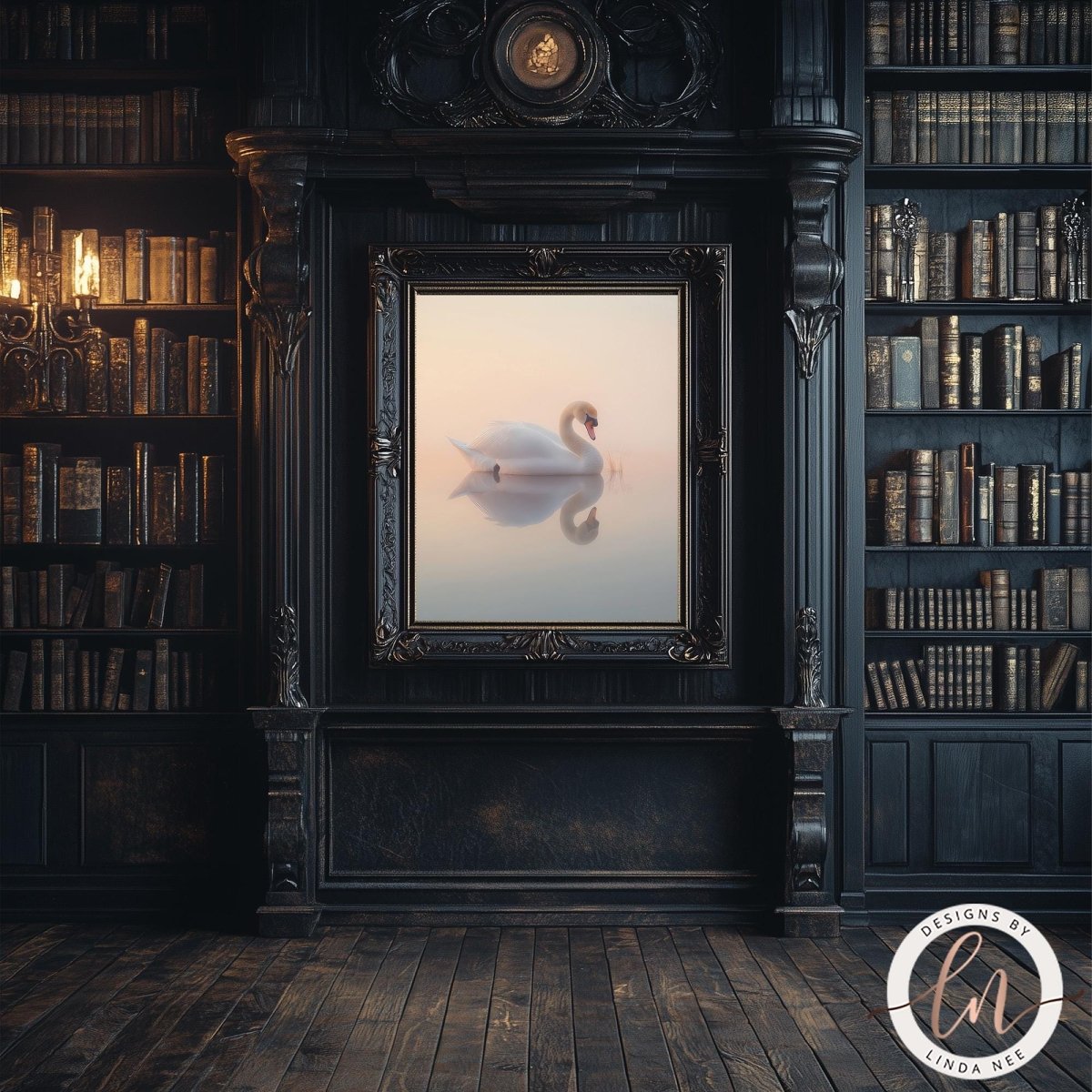 a large, ornate fireplace with a framed painting of a swan in the center. The fireplace is surrounded by numerous bookshelves filled with books, creating a cozy and intellectual atmosphere.