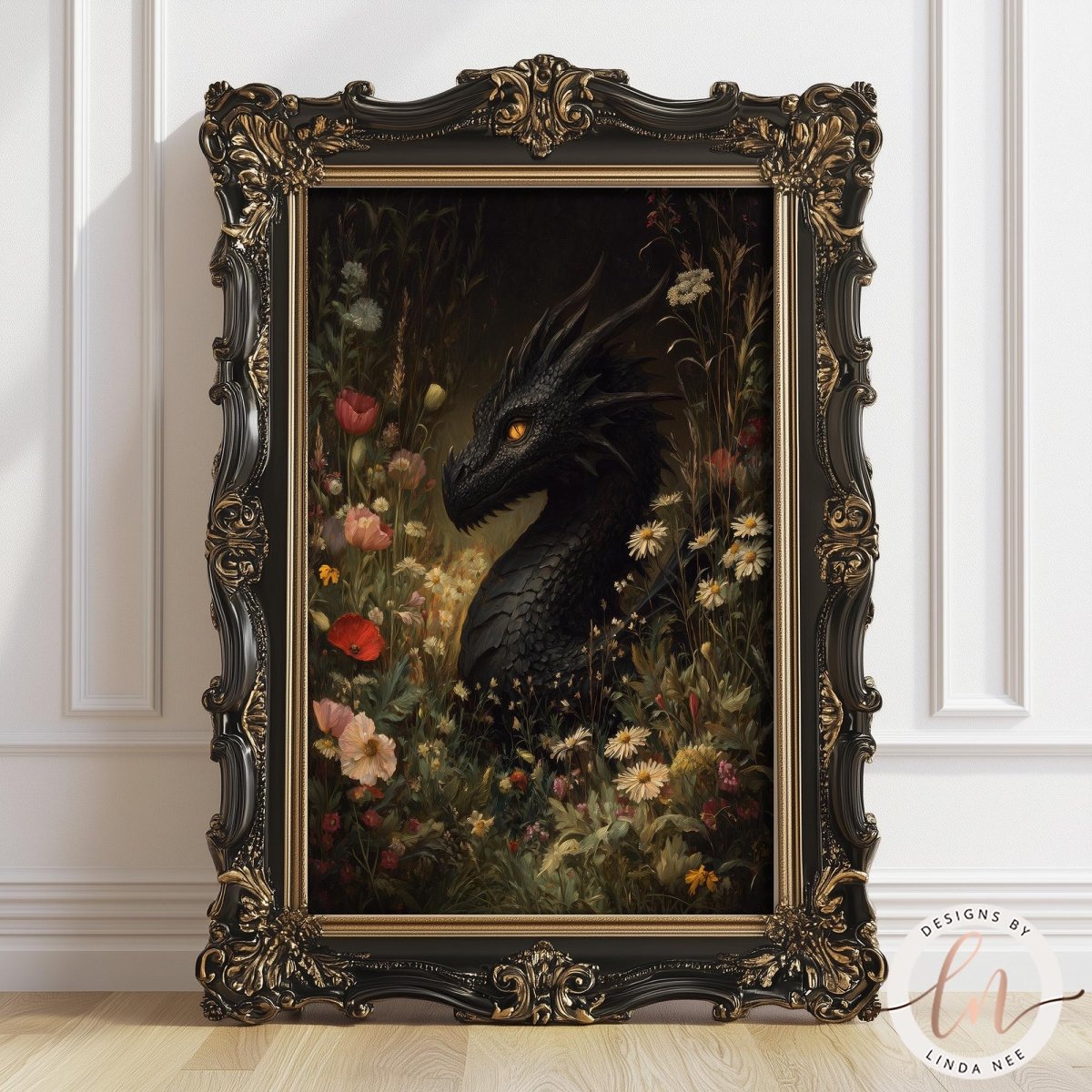 a large, ornate frame containing a painting of a black dragon surrounded by a lush, colorful garden filled with flowers and greenery.