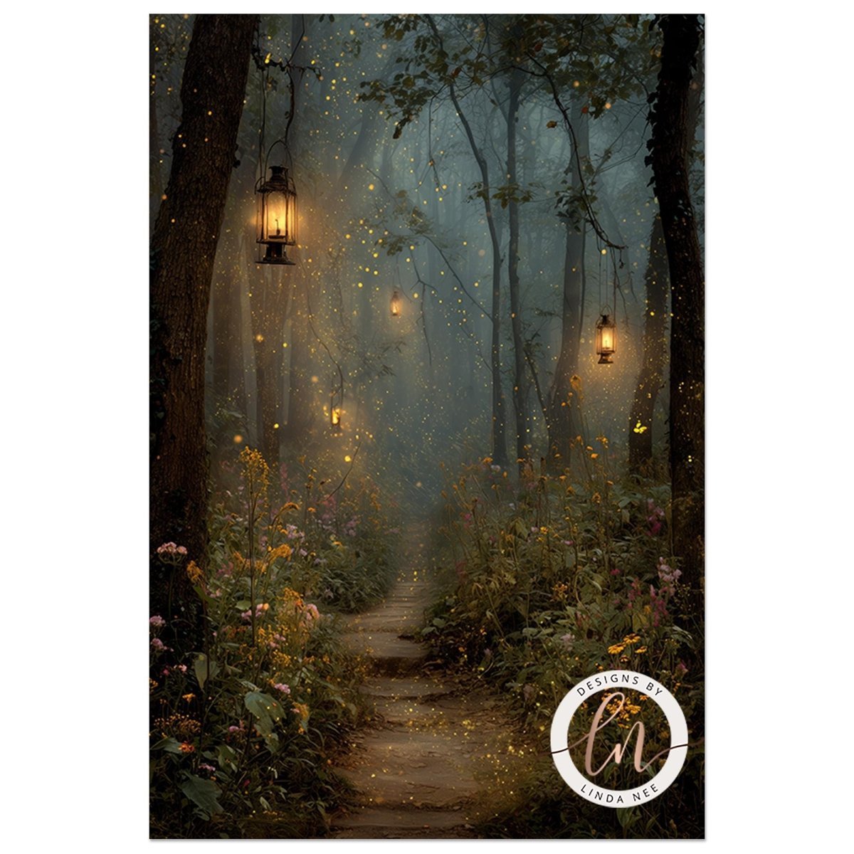 A serene forest path illuminated by lanterns, leading through a lush, colorful landscape with trees and flowers.