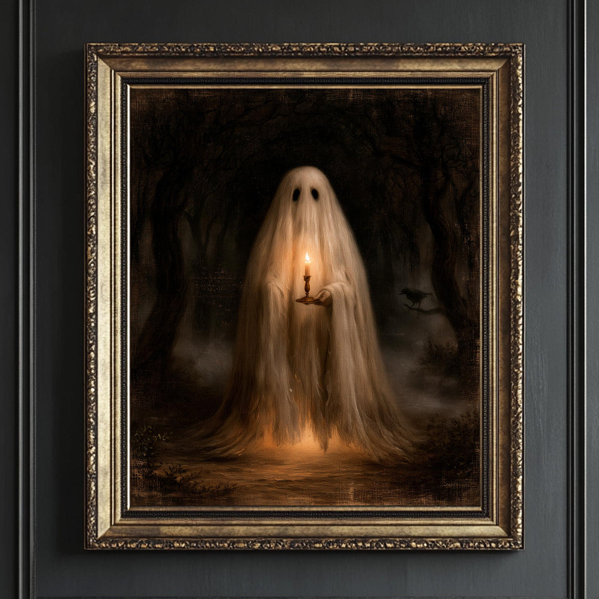 Close view of the candle flame and the mist drifting behind the ghost