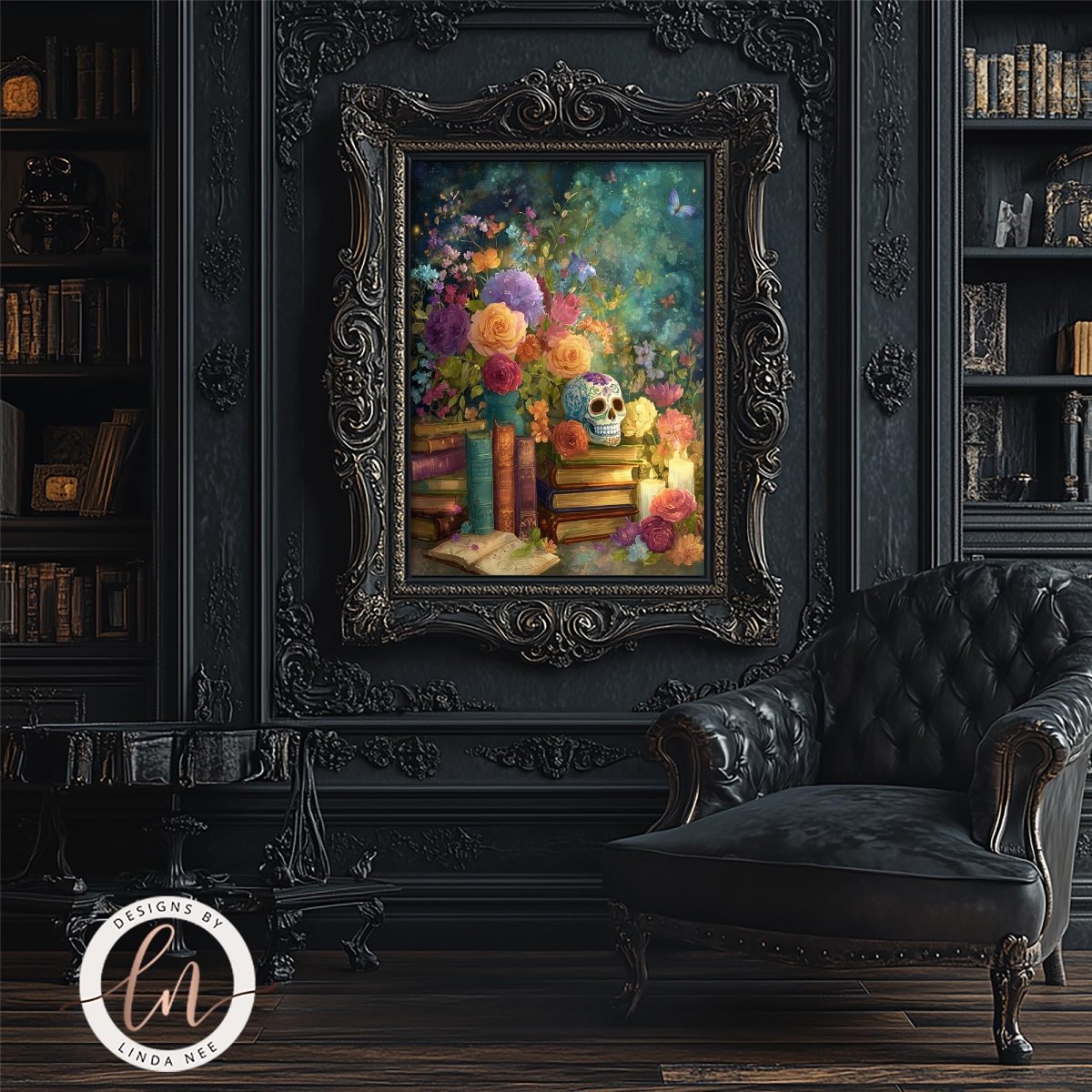 a large, ornate painting of a floral scene hanging on a dark wall, with a black leather armchair in the foreground.