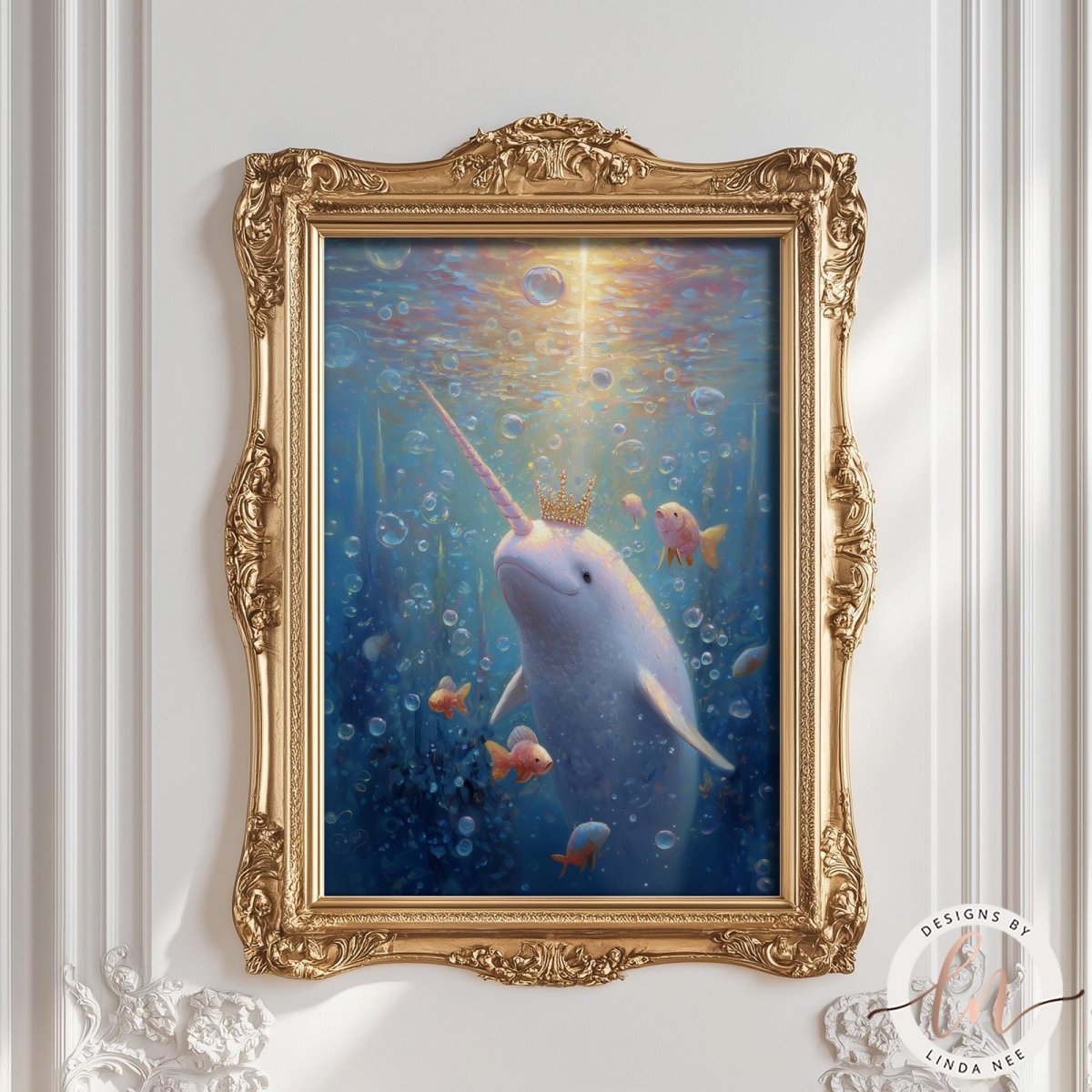 The image is a framed painting depicting a unicorn-like creature with a long horn, surrounded by bubbles and fish in a blue underwater scene.