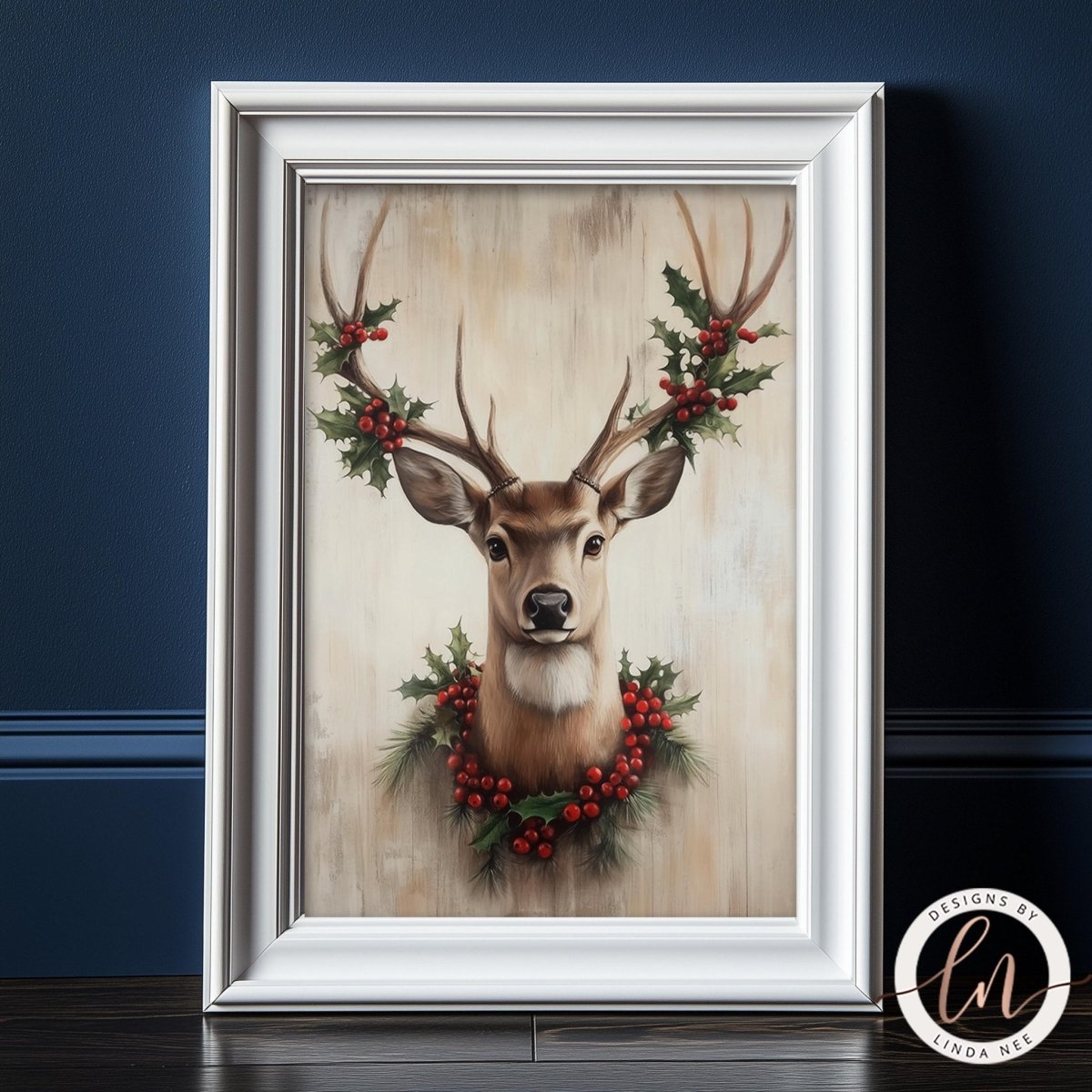 A framed print of a deer head with antlers and berries, set against a blue background.