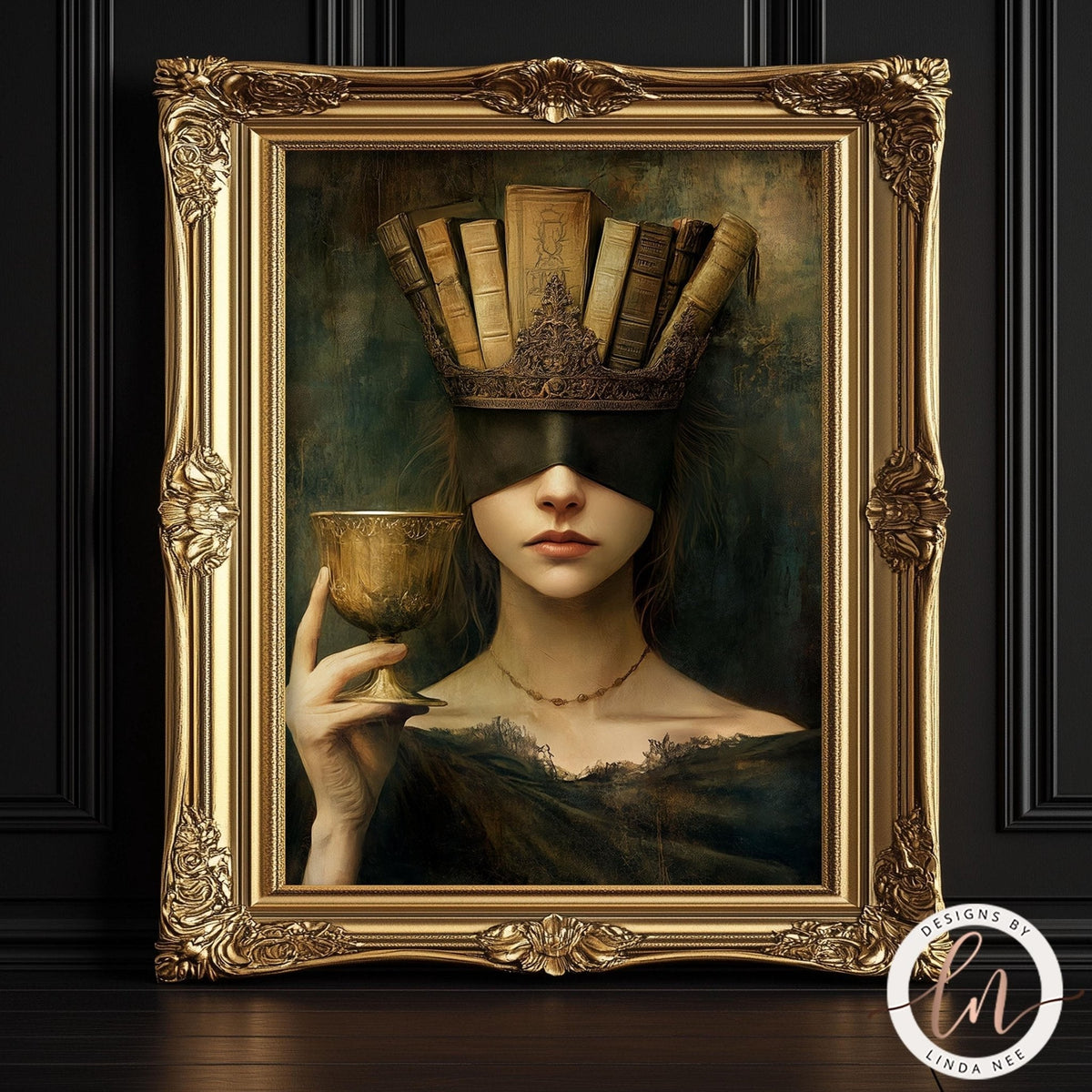 The image is a framed painting depicting a woman wearing a crown of books, holding a cup, and wearing a blindfold.