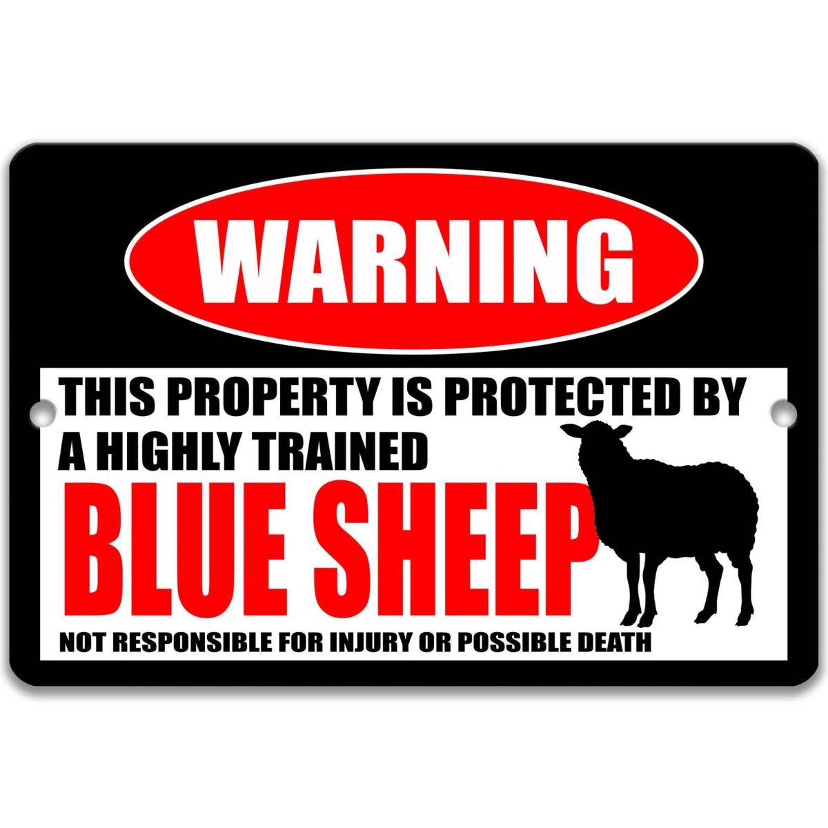 Blue sheep warning metal sign, glossy black, red WARNING oval and mountain bharal silhouette