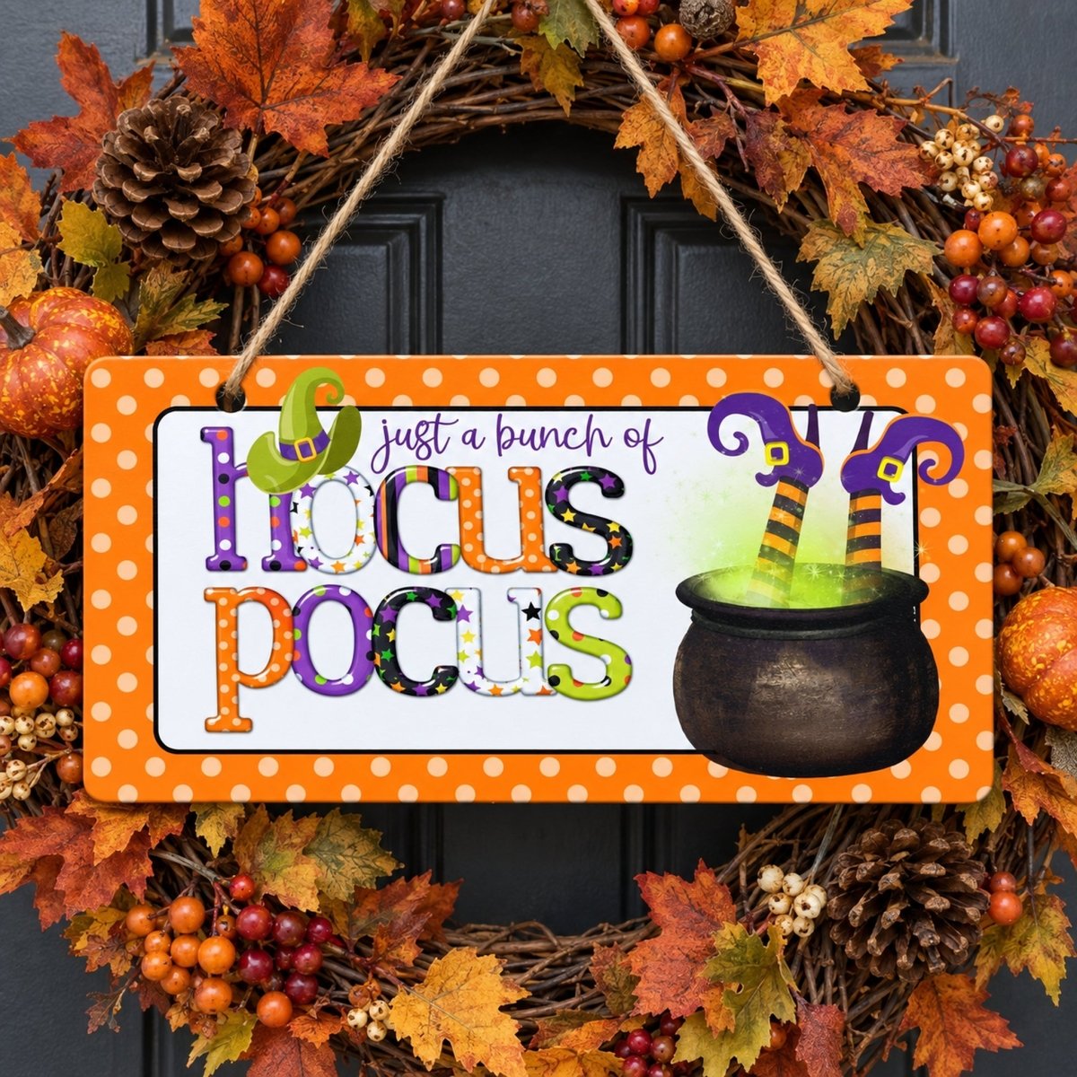 Just a Bunch of Hocus Pocus sign centered in a door wreath