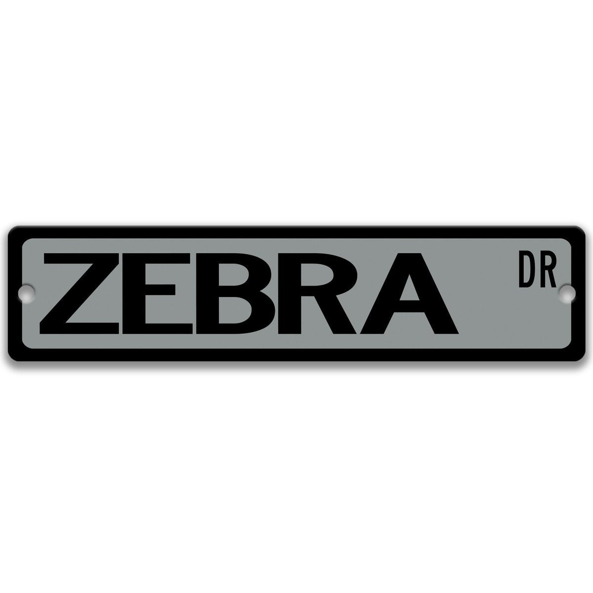 Zebra metal street sign with a gray background reading ZEBRA DR