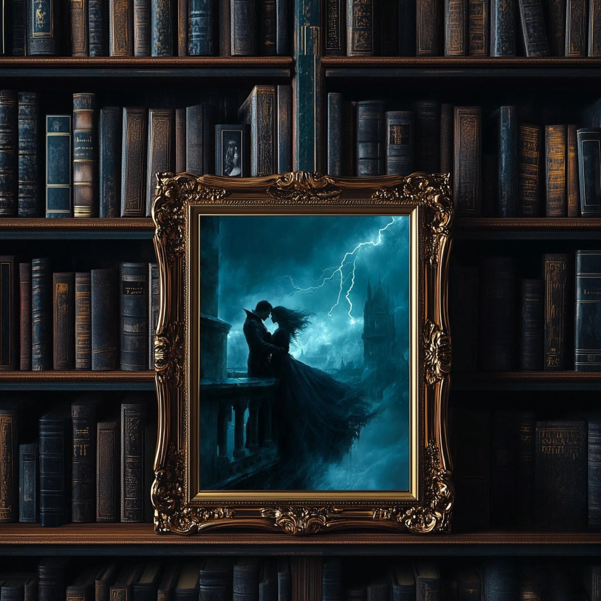 a dark, moody scene with a couple embracing in the foreground, framed by an ornate gold frame. The background is filled with bookshelves, creating a sense of depth and a cozy, intimate atmosphere.