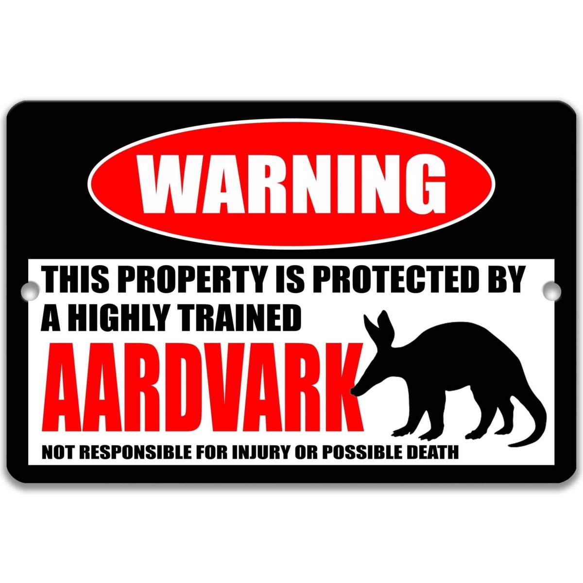 Aardvark warning metal sign, glossy black, red WARNING oval and long-snouted aardvark silhouette