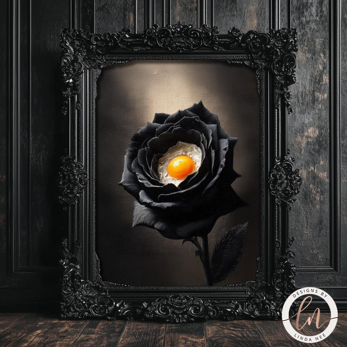 A black rose with an orange center is displayed in an ornate black frame against a dark background.