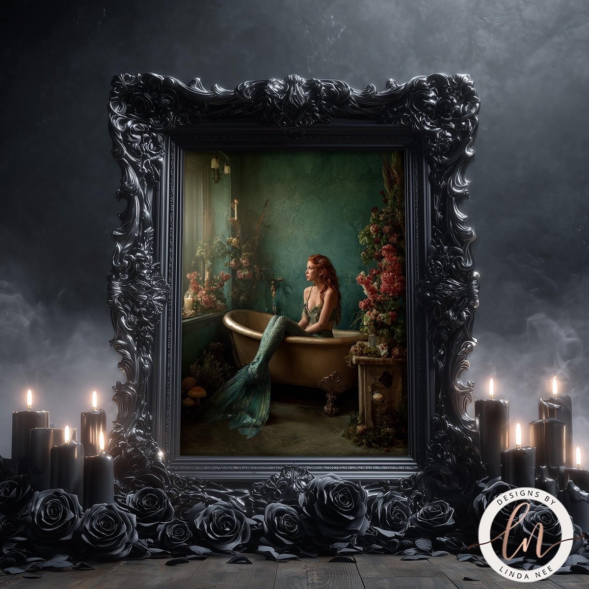 A mermaid is sitting in a bathtub, surrounded by flowers and candles, in a dark, ornate frame.