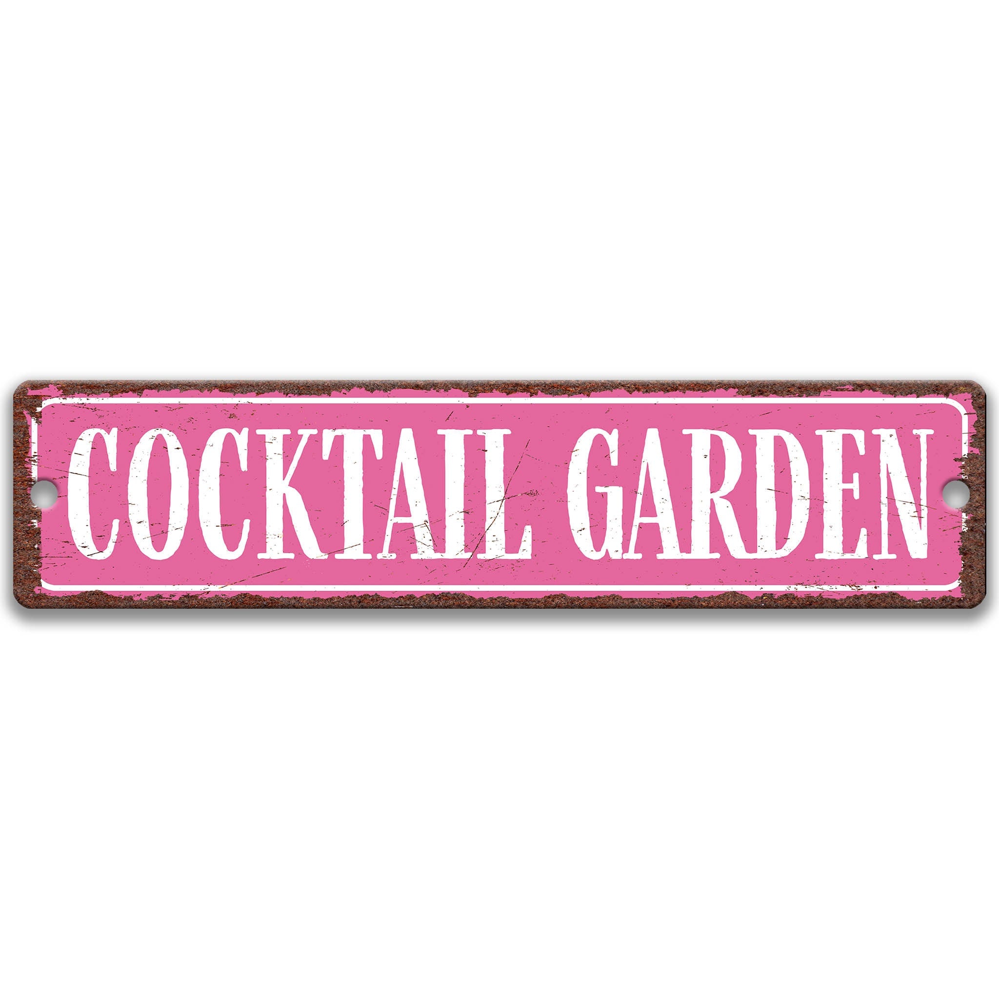 a pink rectangular sign with the text "Cocktail Garden" written in white letters.