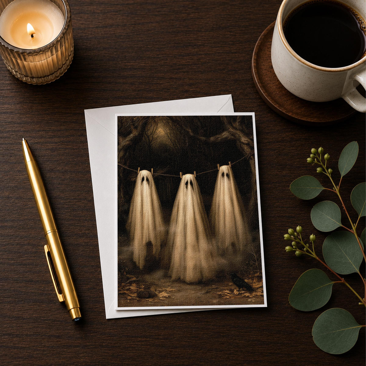 Ghost clothesline note card styled on a wooden desk with a candle, a pen and a coffee cup