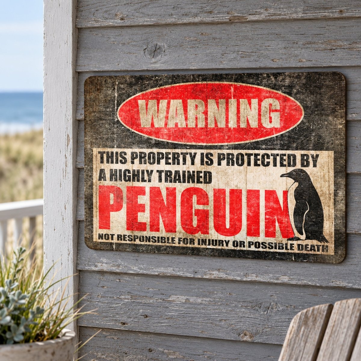 Weathered penguin warning sign hanging on a wooden wall, protected by a highly trained penguin, not responsible for injury