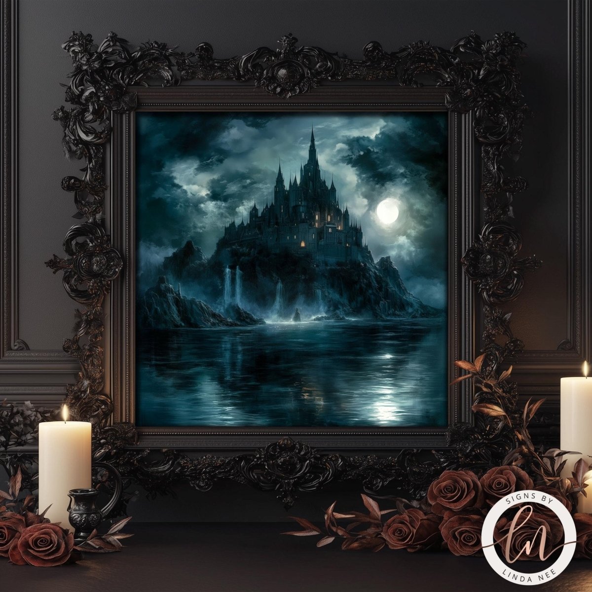 Dark castle on rocky cliffs artwork displayed with candles and roses