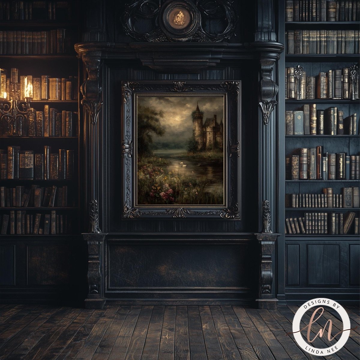 a grand, ornate fireplace with a painting of a castle and a lake in the background, surrounded by numerous bookshelves filled with books.