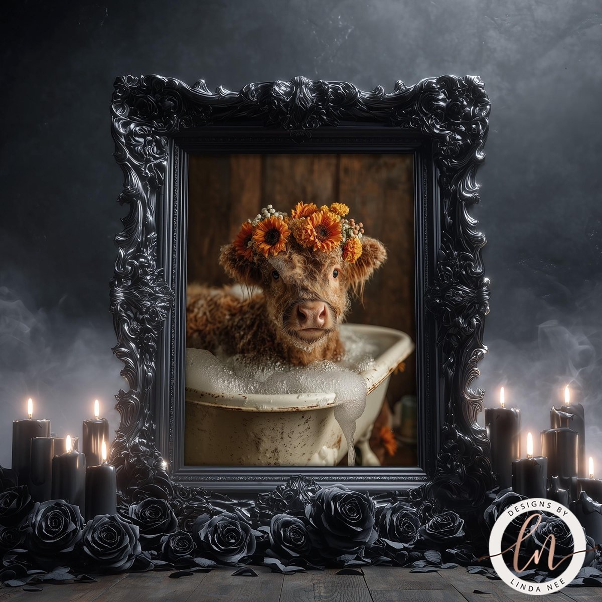 A framed image of a cow wearing a flower crown, sitting in a bathtub, surrounded by candles and roses.