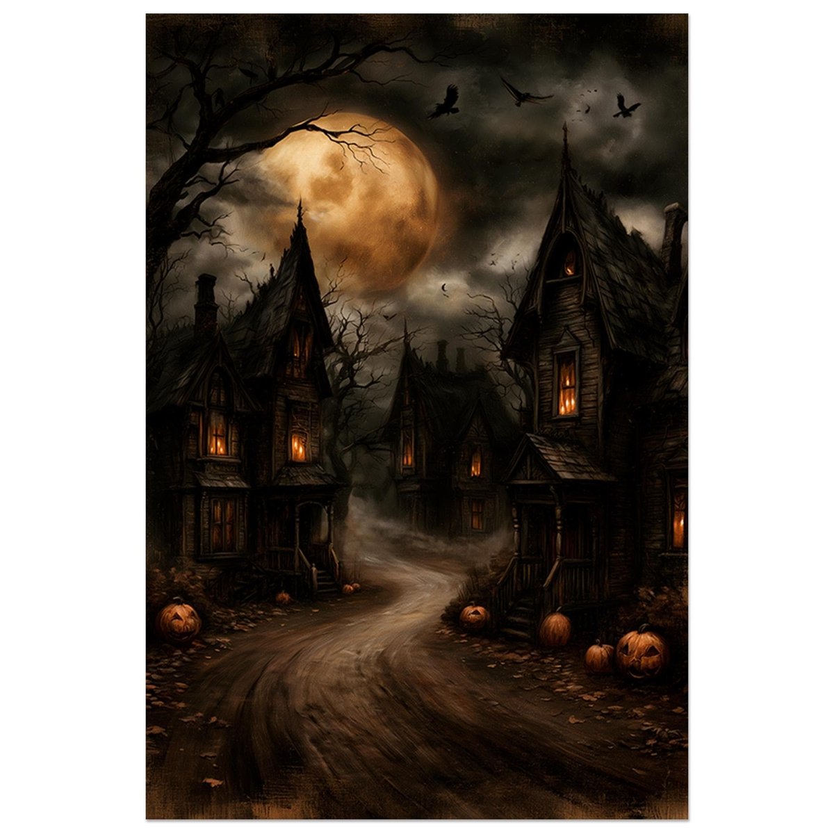 Winding moonlit road leading past crooked houses with glowing windows and pumpkins
