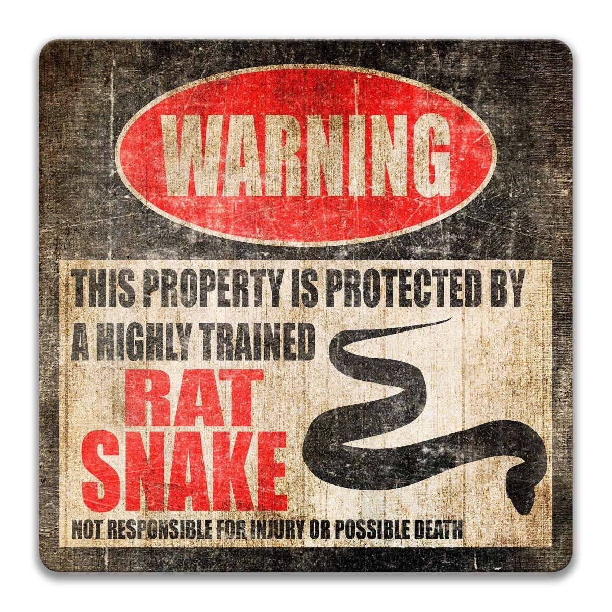 Rat Snake property warning sign, novelty Rat Snake-owner gag, highly trained Rat Snake joke with rat snake silhouette