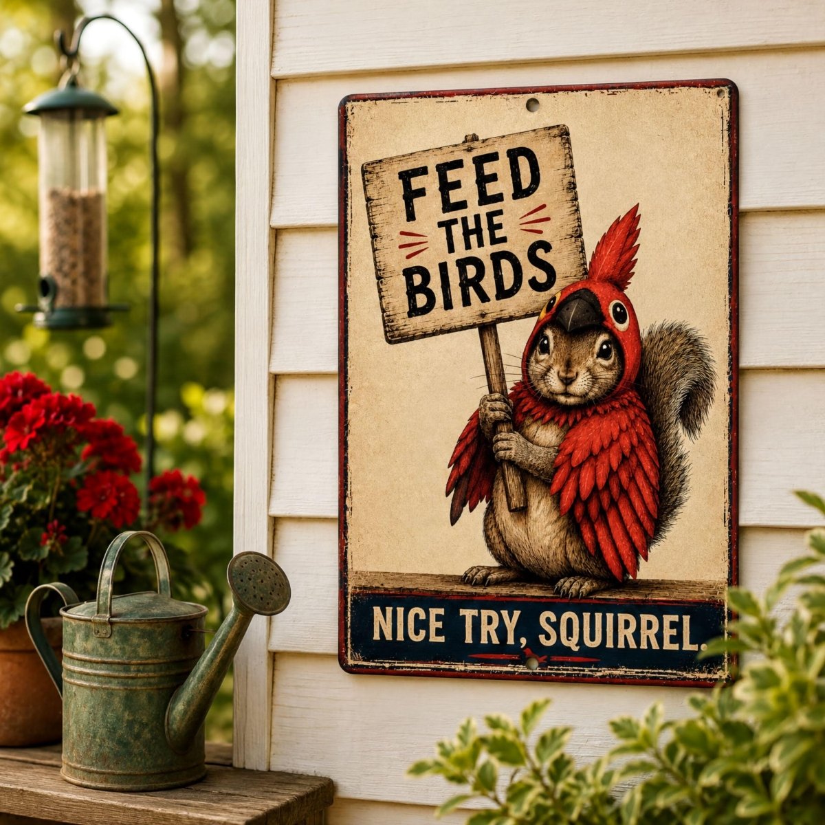 a metal sign with a cartoon squirrel holding a sign that says "Feed the birds" and a message encouraging people to "nice try, squirrel".