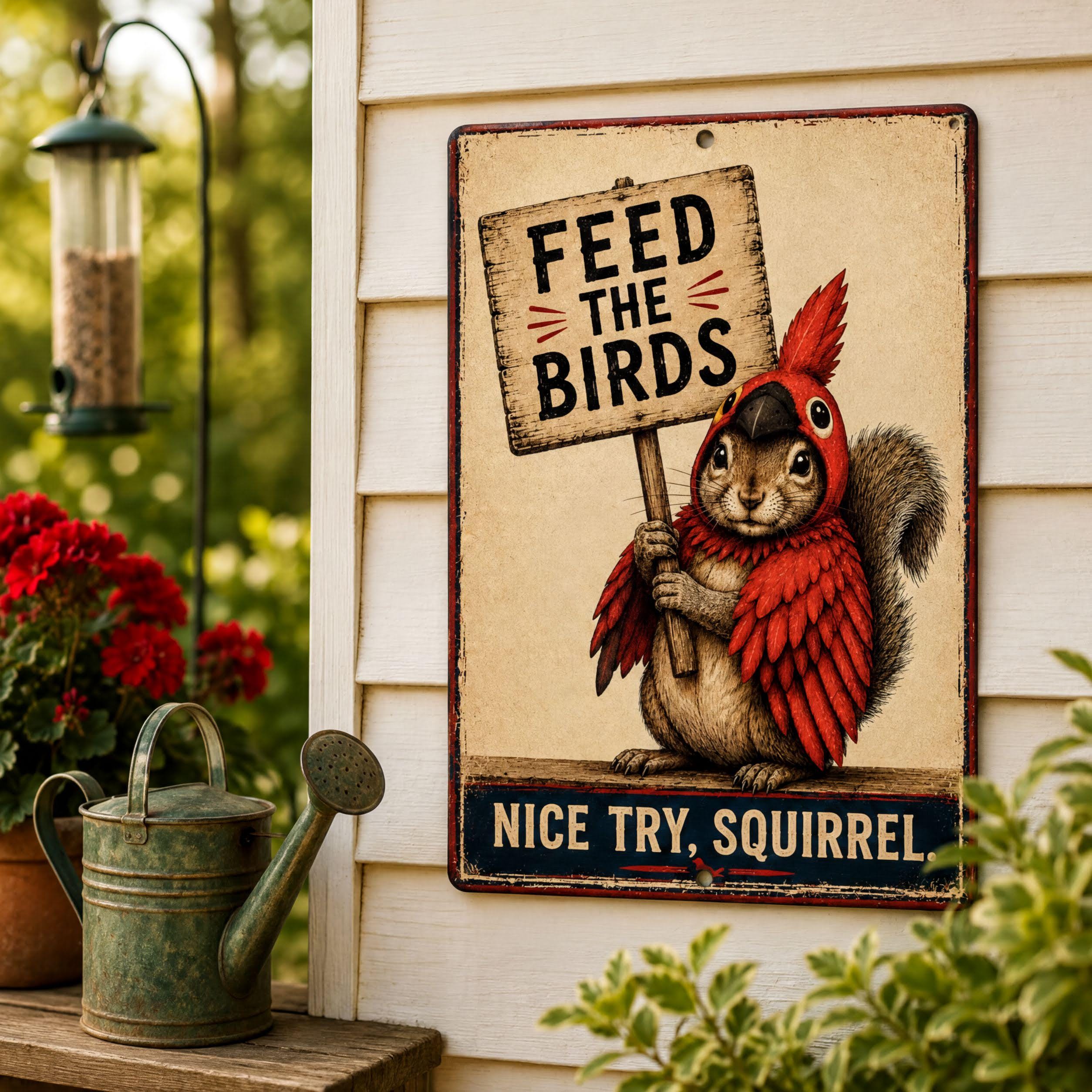 a metal sign with a cartoon squirrel holding a sign that says "Feed the birds" and a message encouraging people to "nice try, squirrel".