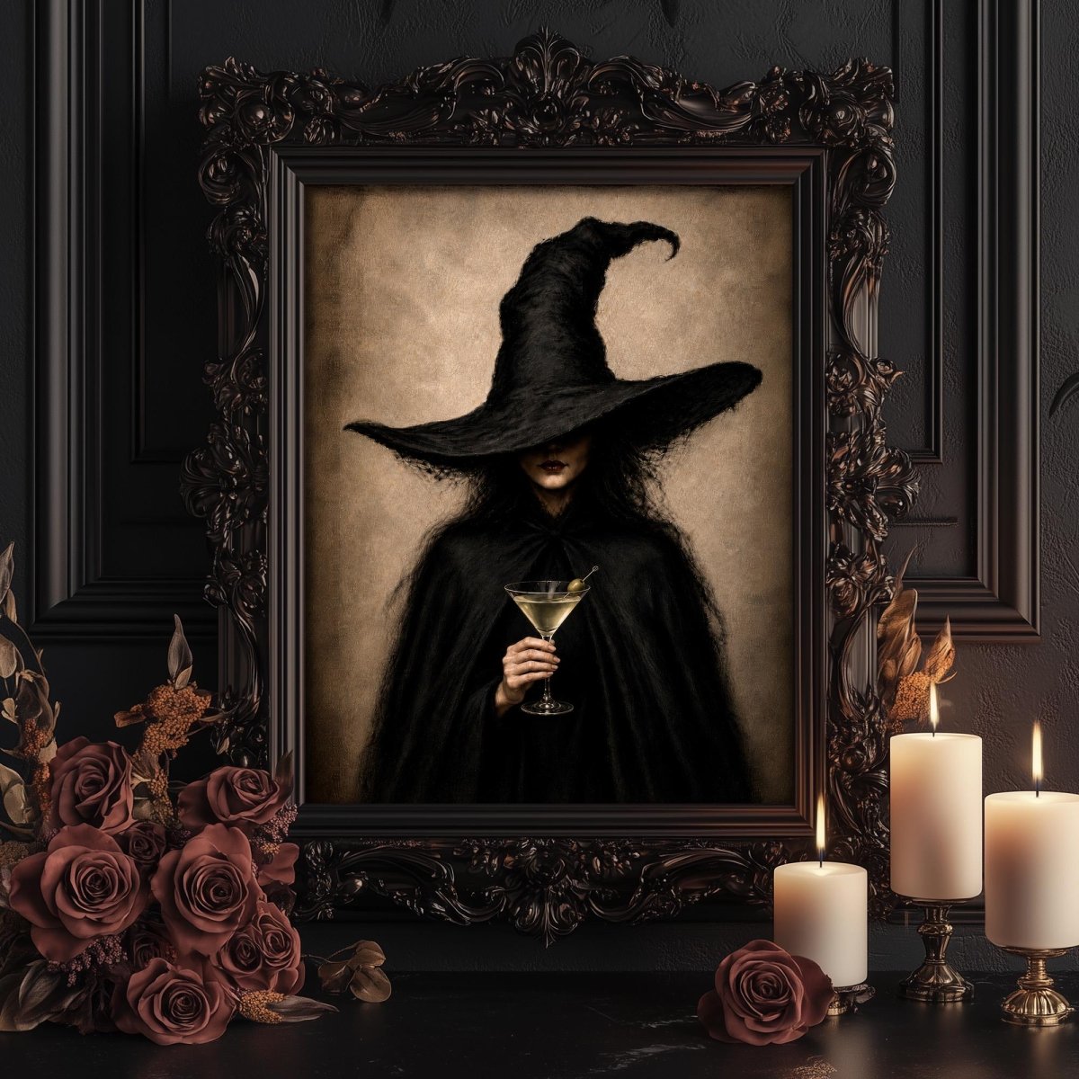 Gothic witch portrait displayed among lit candles and dark roses