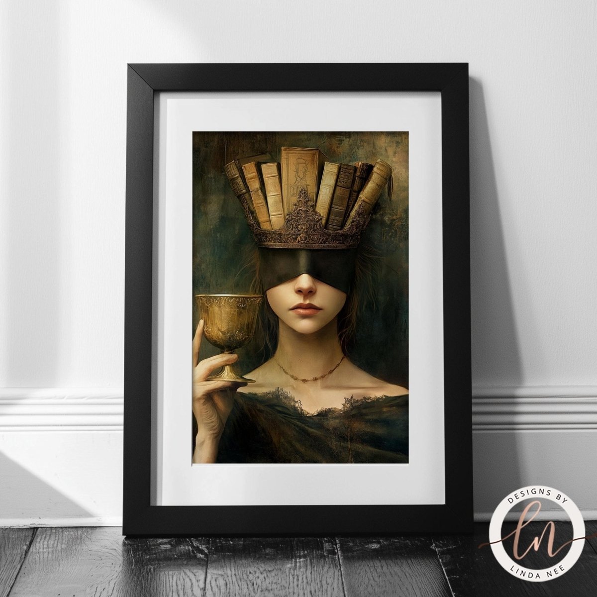 Blindfolded queen crowned with books holding a cup