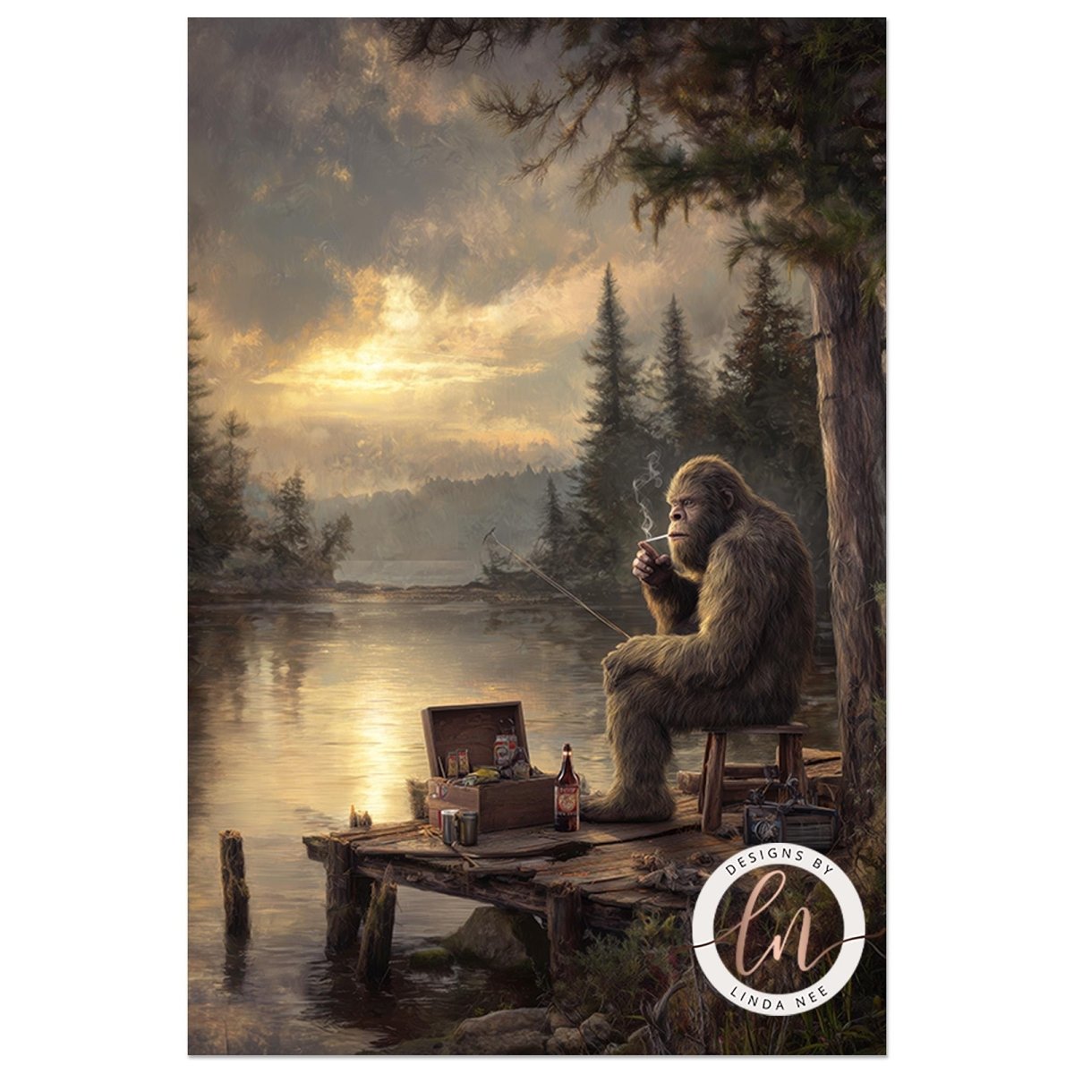 A large, furry creature is sitting on a wooden dock, smoking a cigarette and surrounded by a serene lake and forested landscape.