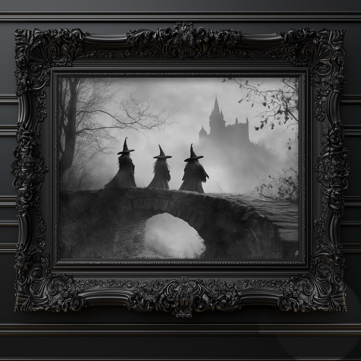 A black and white image of three witches standing on a bridge, with a castle in the background. The image is framed in an ornate black frame.