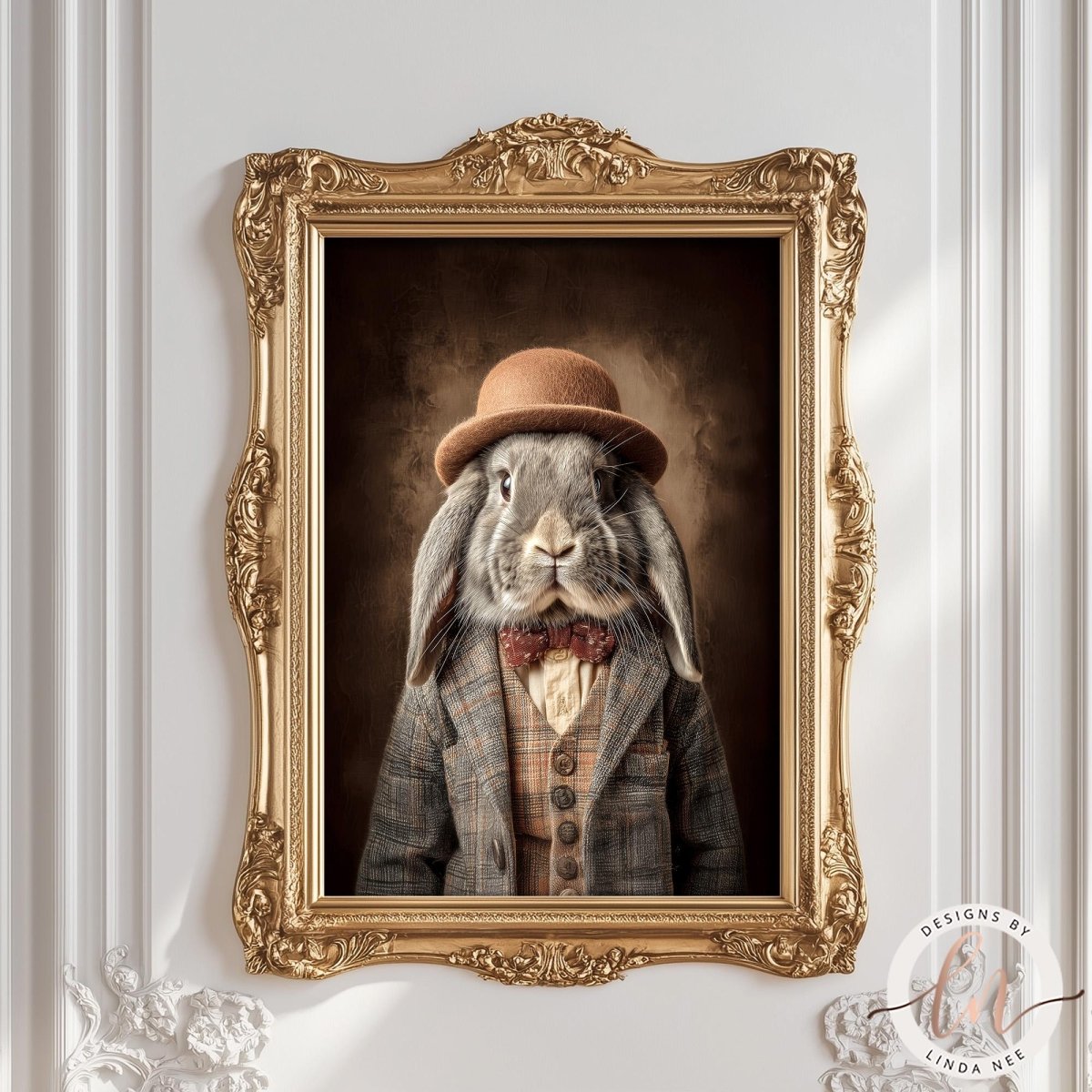 A framed image of a rabbit wearing a hat and coat, with a brown hat and a plaid jacket, against a dark background.