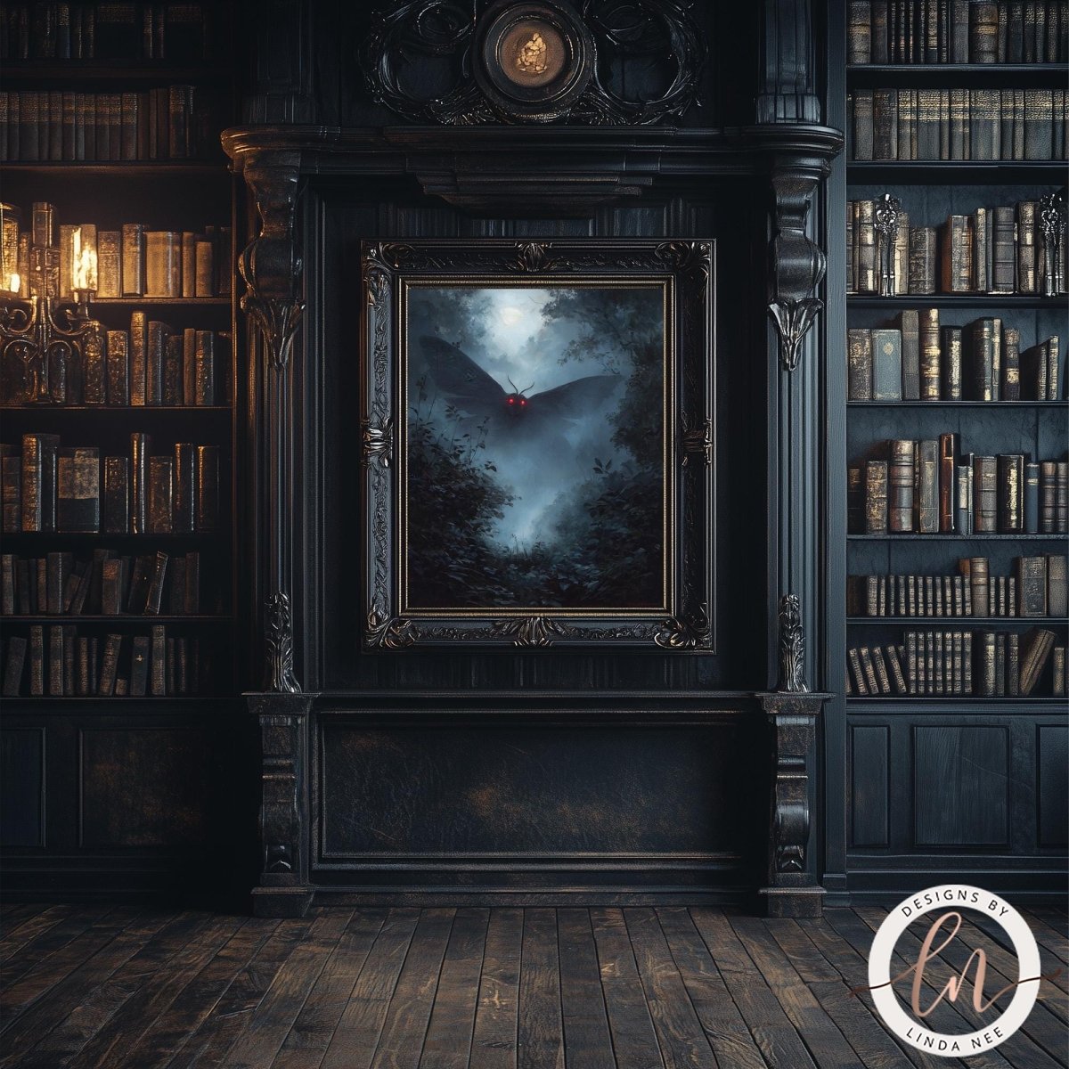 a dark, ornate room with a large bookshelf filled with books, a painting of a winged creature, and a chandelier hanging from the ceiling.