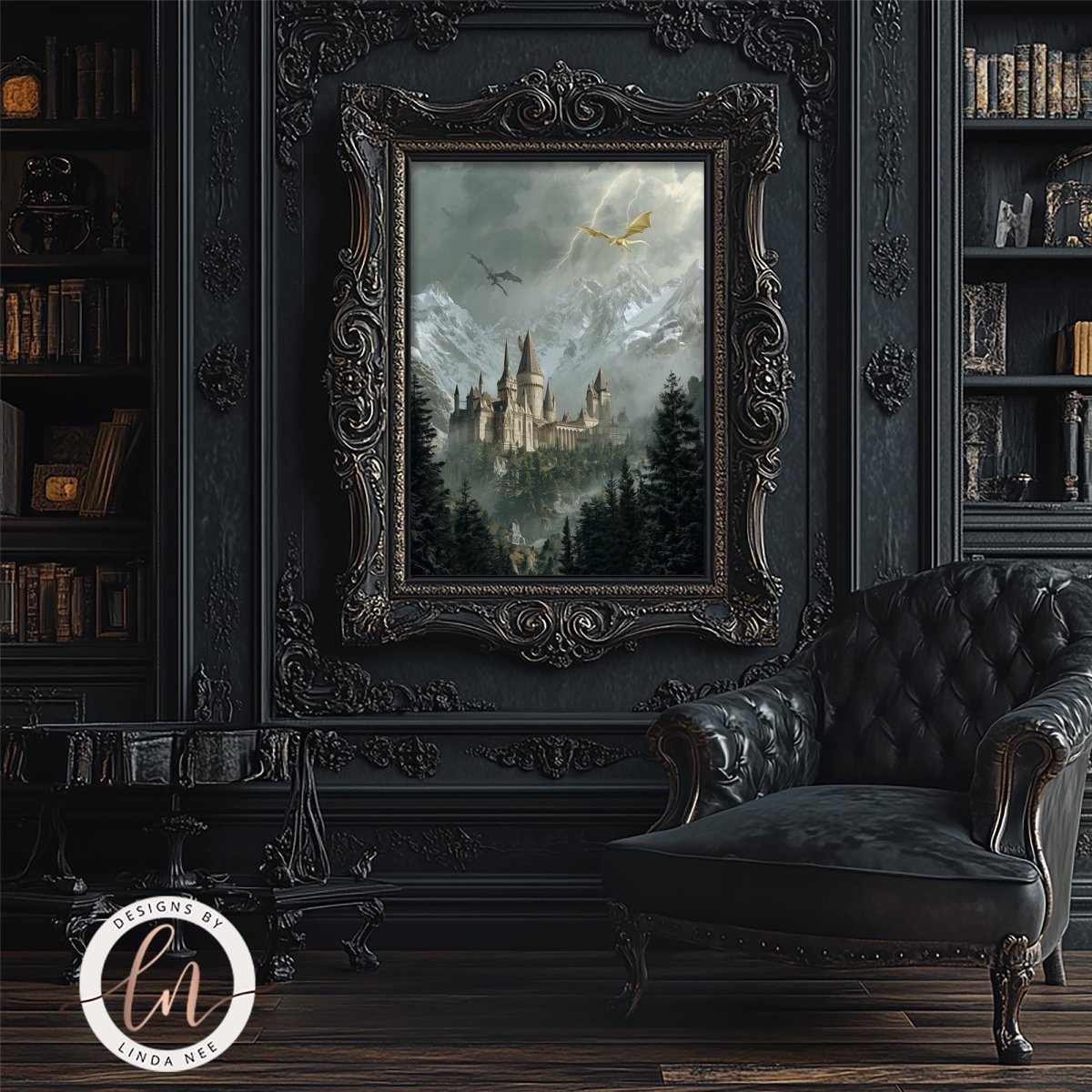 a large, ornate, and gilded frame hanging on a dark wall, with a painting of a castle and mountains inside the frame. In front of the frame, there is a black leather armchair.