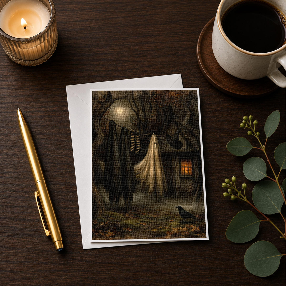 Witch laundry note card styled on a wooden desk with a candle, a pen and a coffee cup