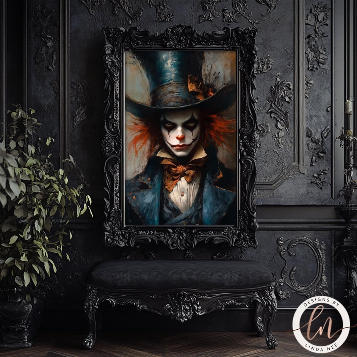Dark Mad Hatter artwork displayed in an ornate black frame