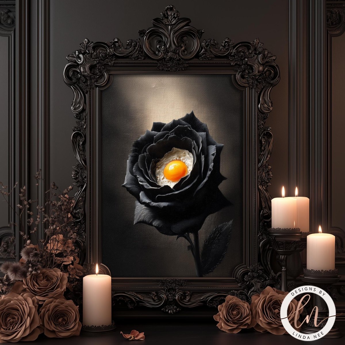 a black rose with an egg yolk in the center, surrounded by candles and flowers, all set against an ornate, dark frame.