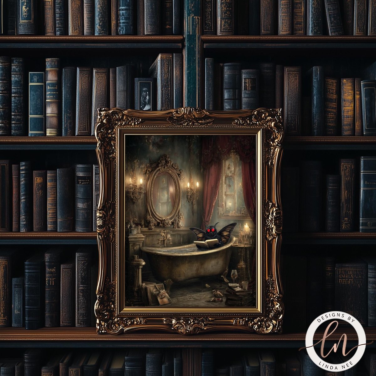 The image is a framed painting depicting a bathroom scene with a bathtub, mirror, and bookshelf in the background.