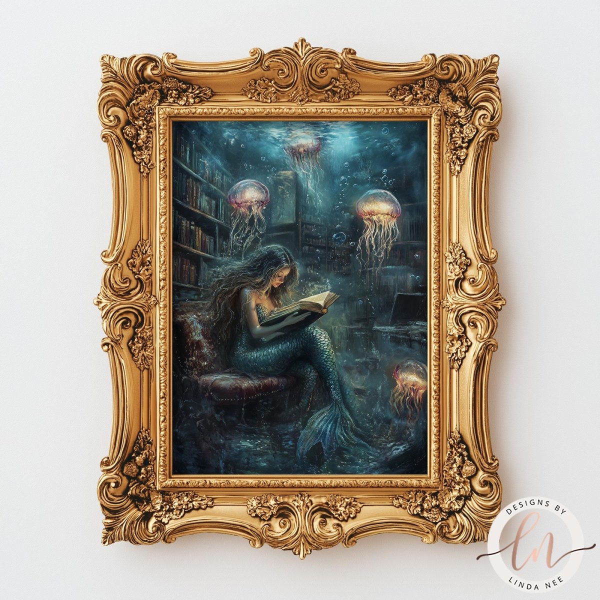A mermaid is reading a book in a golden frame, surrounded by jellyfish and a cityscape in the background.