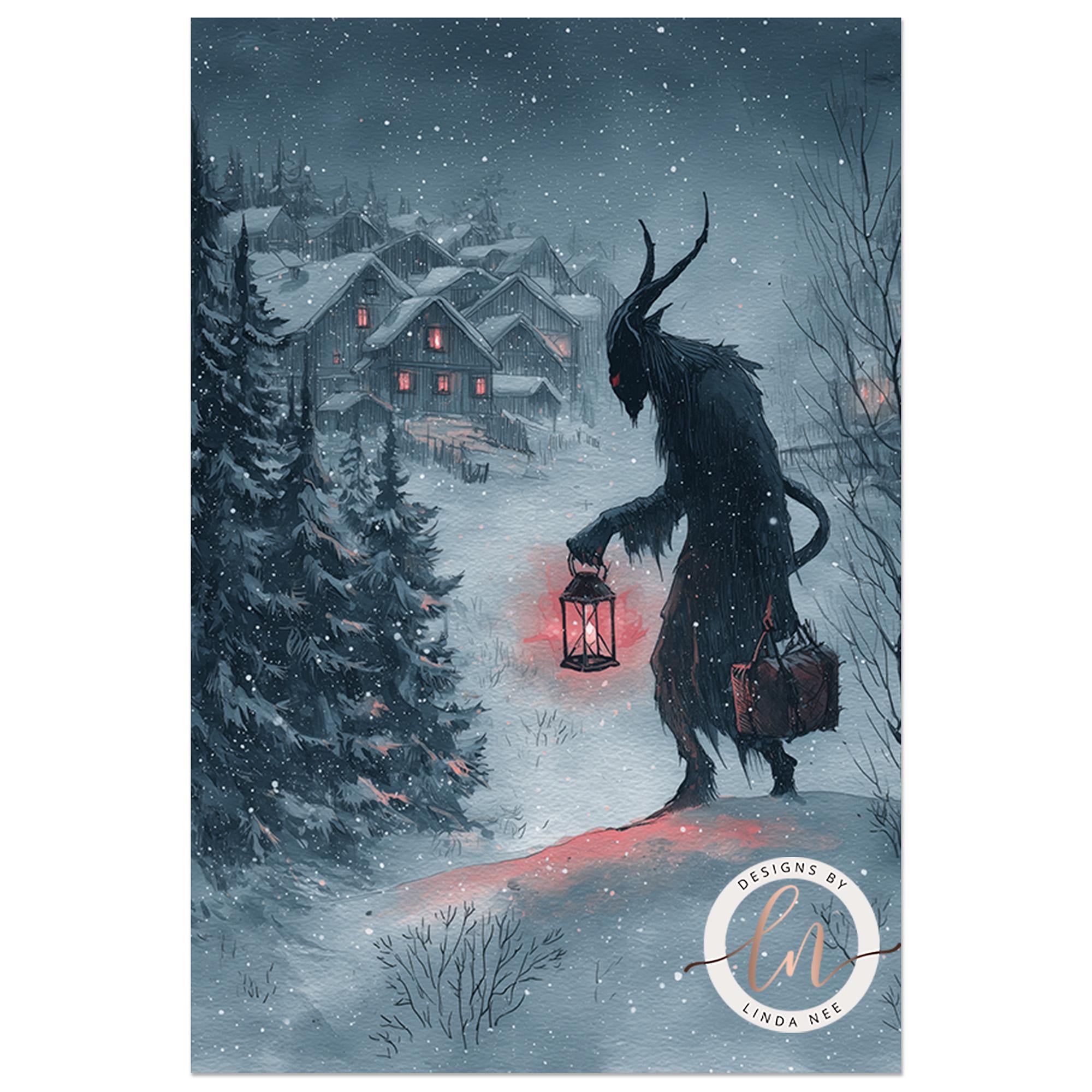 A dark, ominous figure with horns and a glowing red lantern walks through a snowy village, with houses and trees visible in the background.