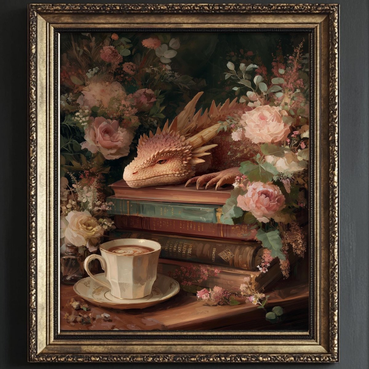 A framed painting depicting a dragon resting on a stack of books, surrounded by a floral arrangement.