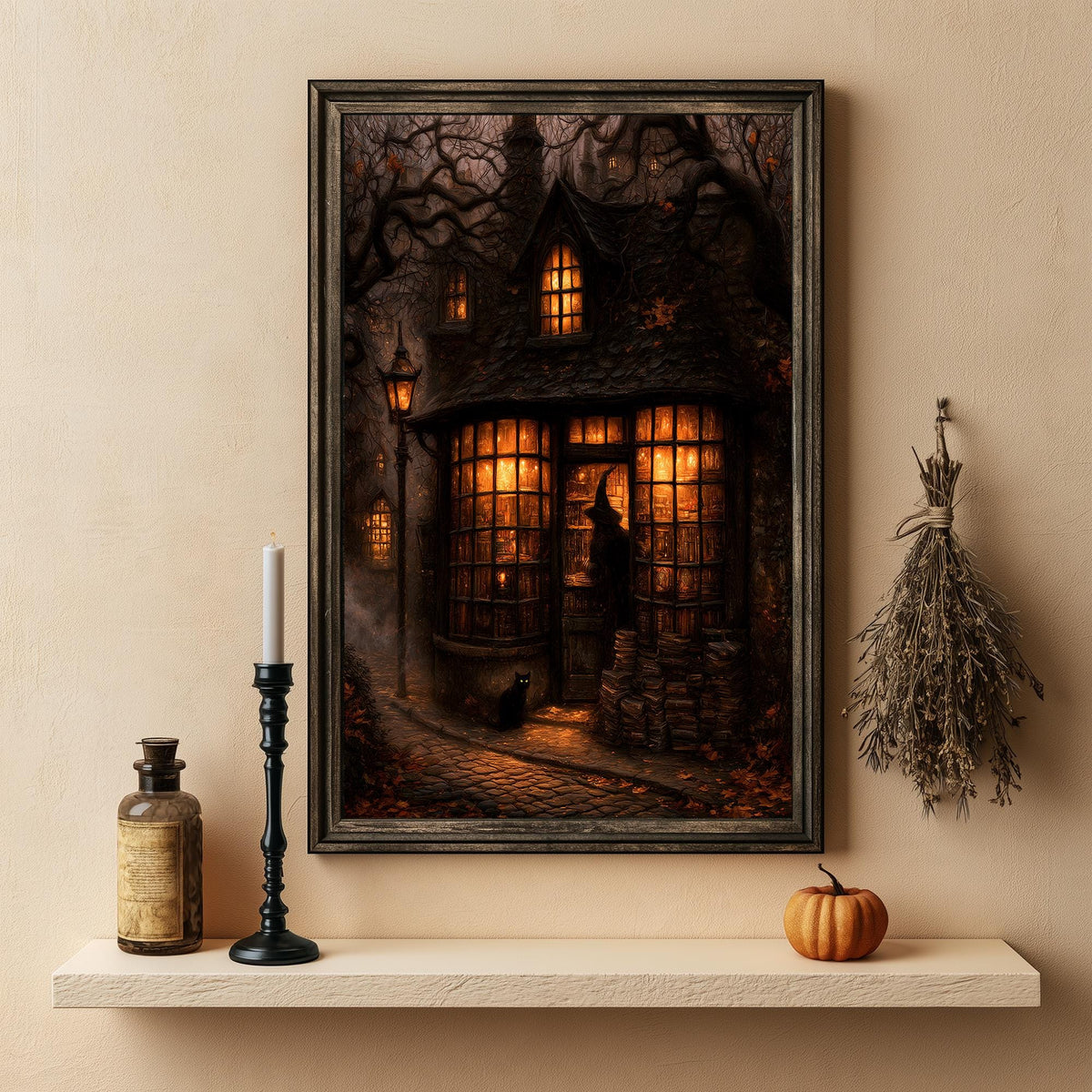 Detail of the witch standing in the bookshop doorway under the autumn branches