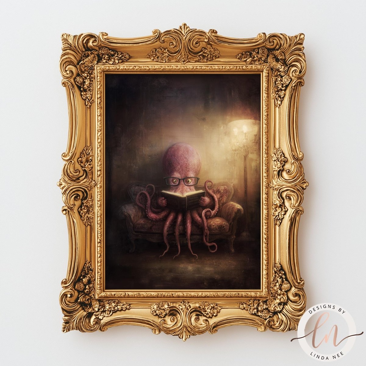 The image is a painting of an octopus sitting on a couch and reading a book.