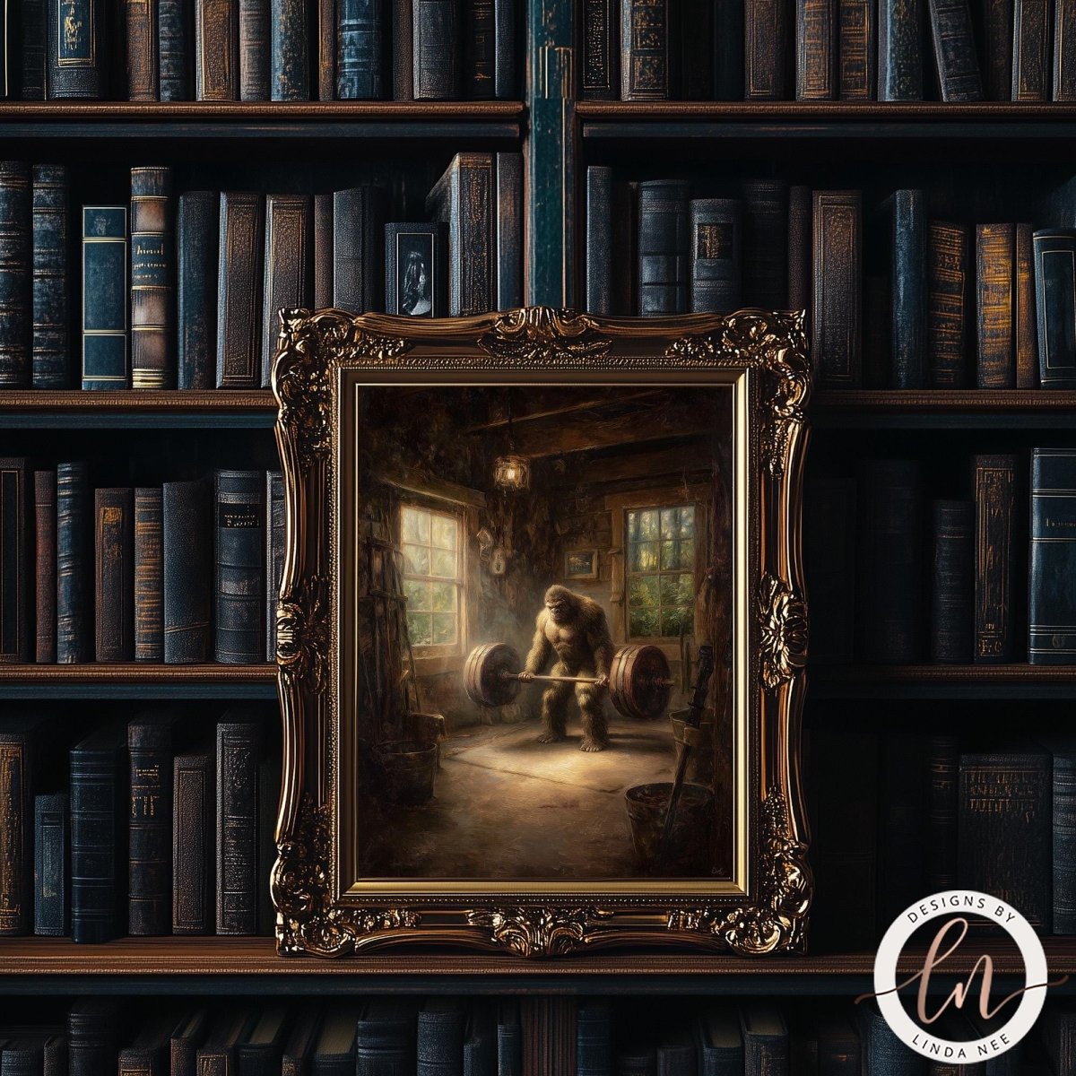 a painting of a man lifting weights in a gym, surrounded by bookshelves filled with books.