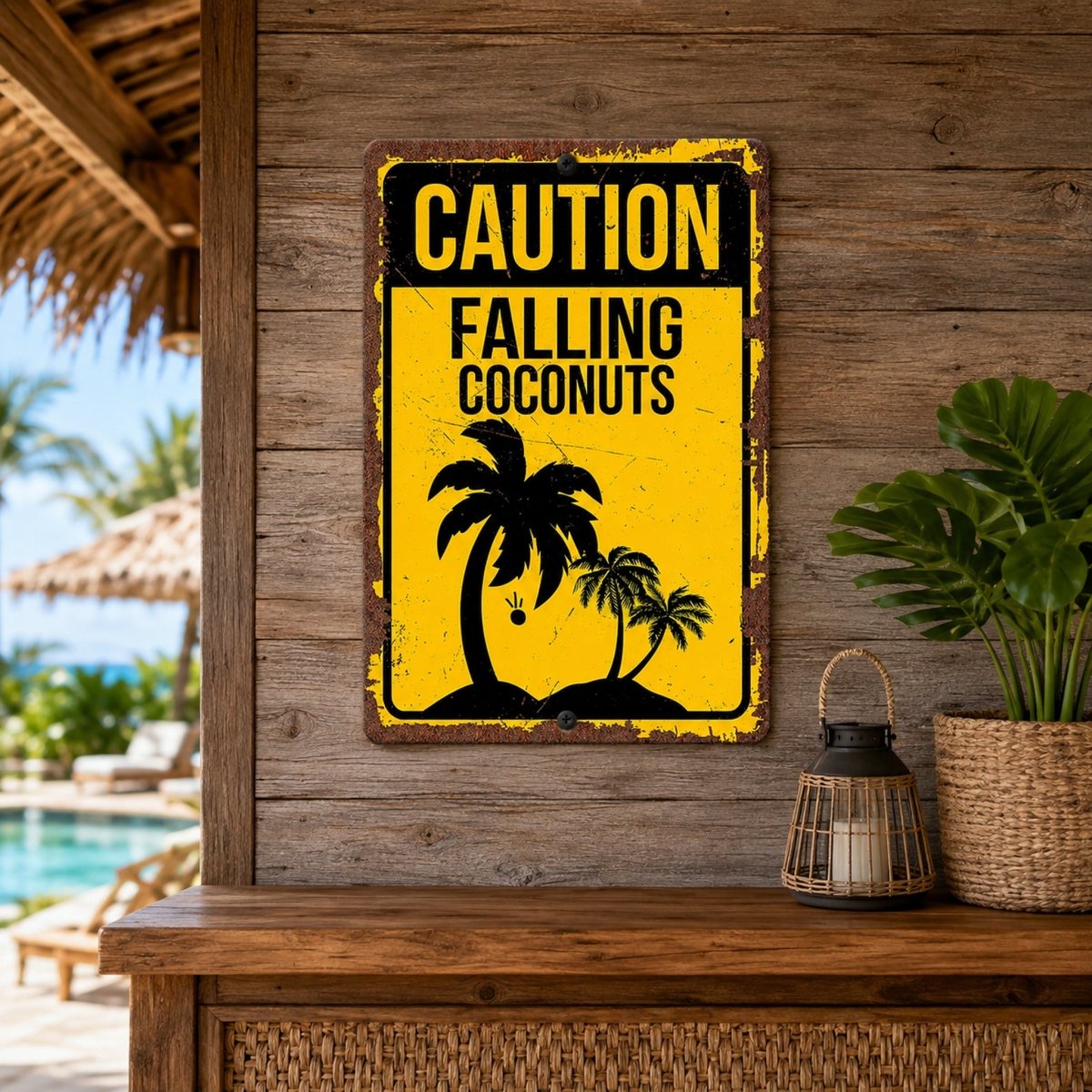 a rustic wooden wall with a vintage-style metal sign that reads "CAUTION FALLING COCONUTS" in bold yellow and black text. Below the sign, there is a wicker basket and a potted plant, creating a cozy and tropical atmosphere.