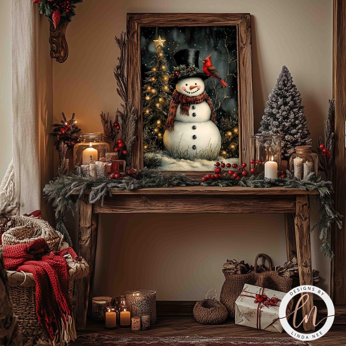 Snowman with cardinal artwork displayed with poinsettias and presents