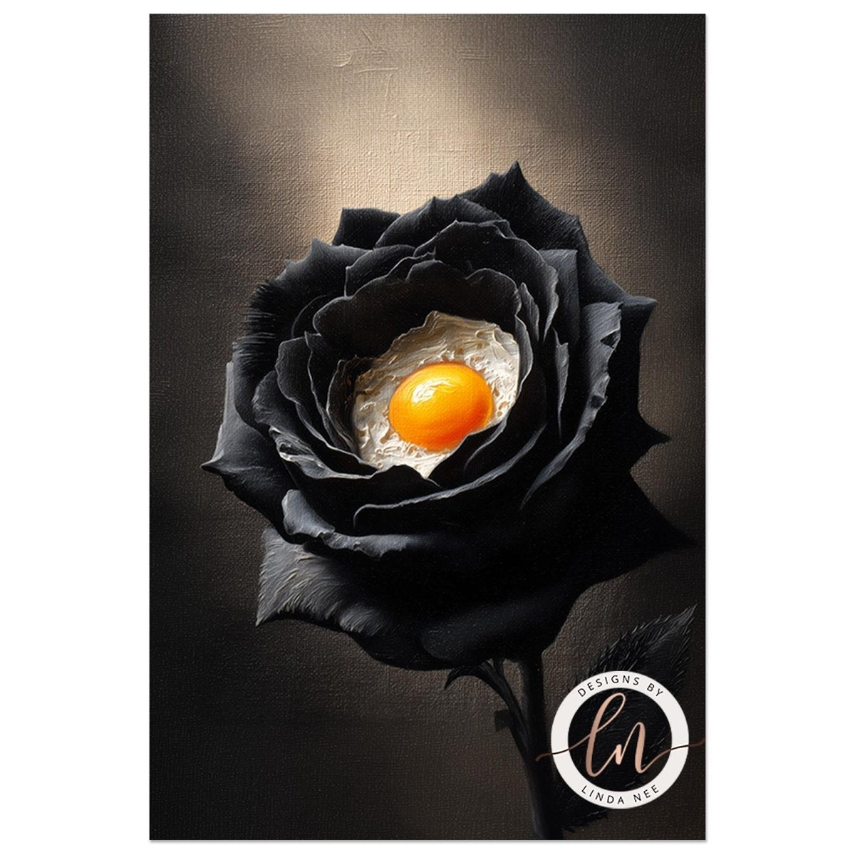 A black rose with an orange yolk in the center, set against a dark background.