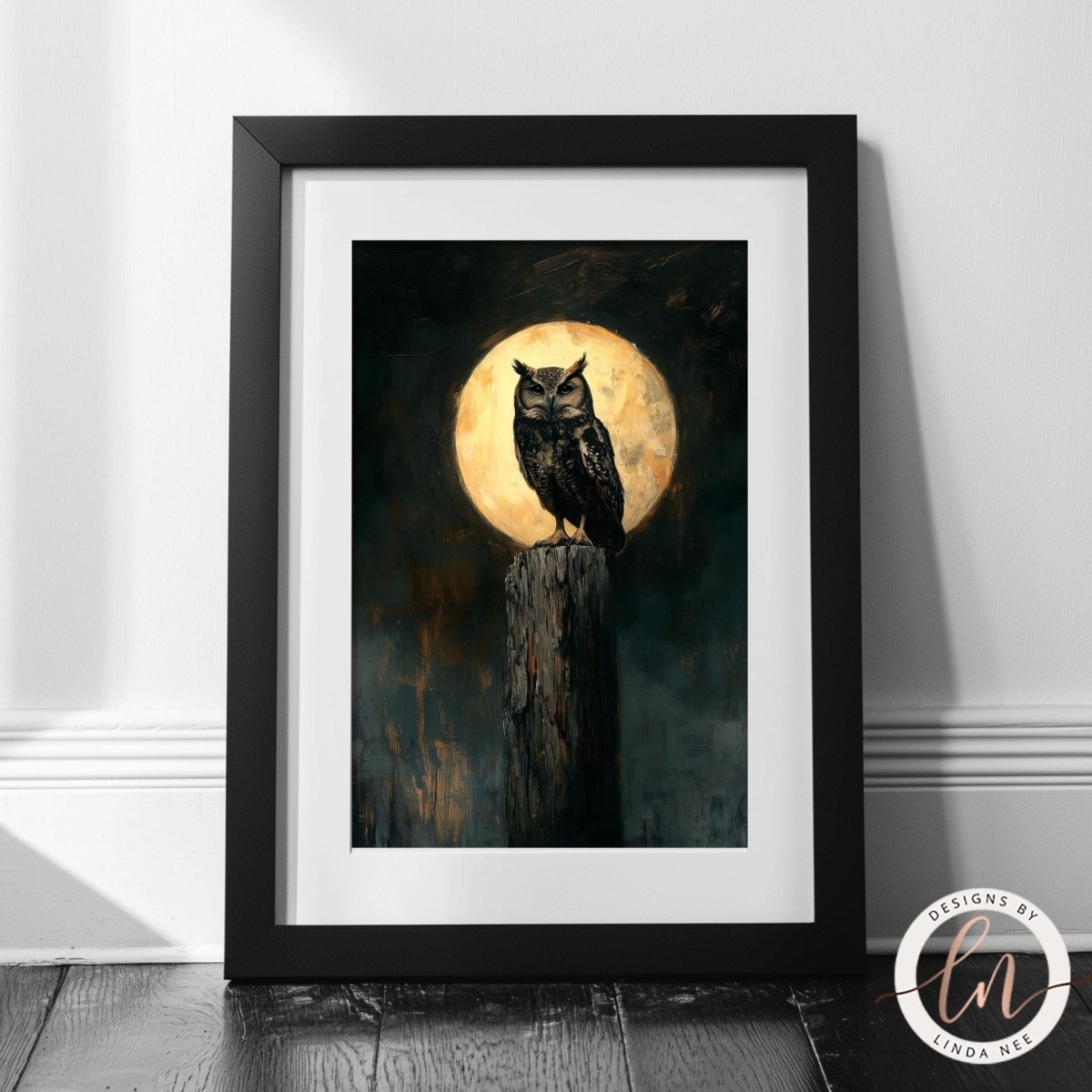 Owl on a wooden post with a full moon glowing behind