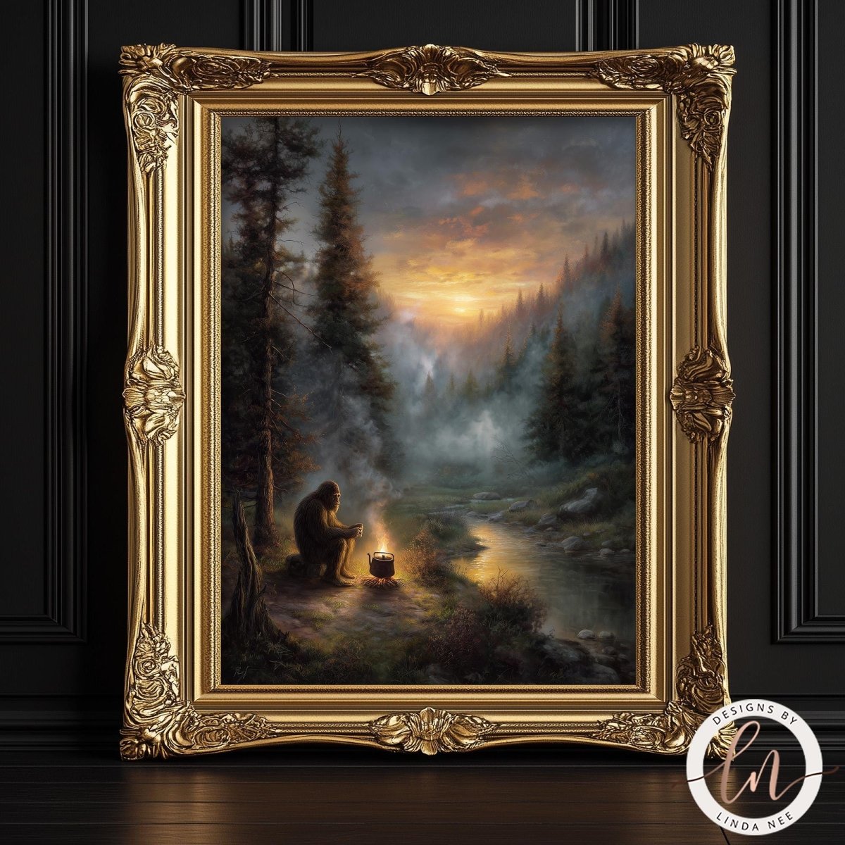 The image is a painting of a person sitting by a campfire in a forest, with a breathtaking sunset in the background.